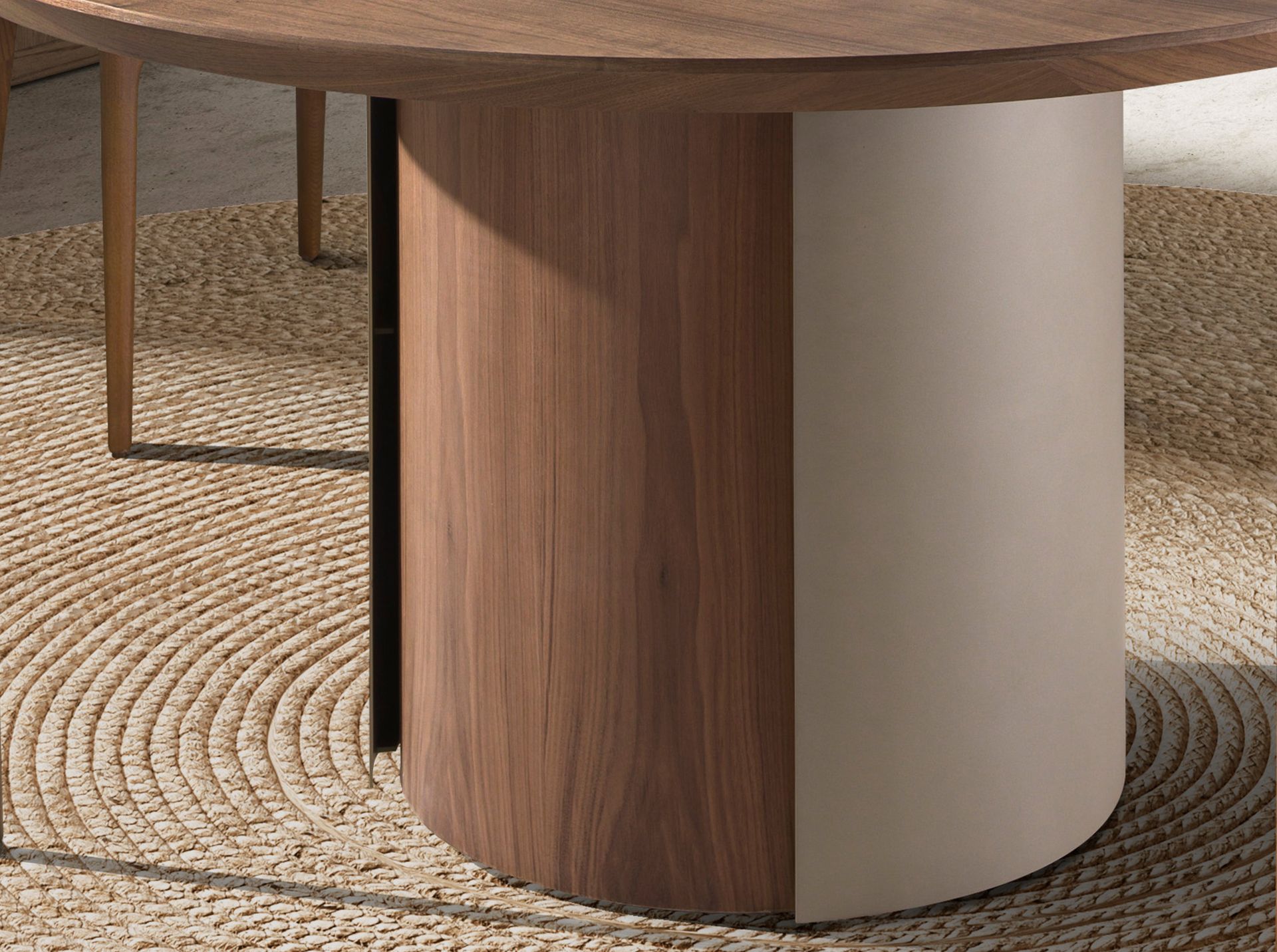 Round dining table walnut and metallic sand steel