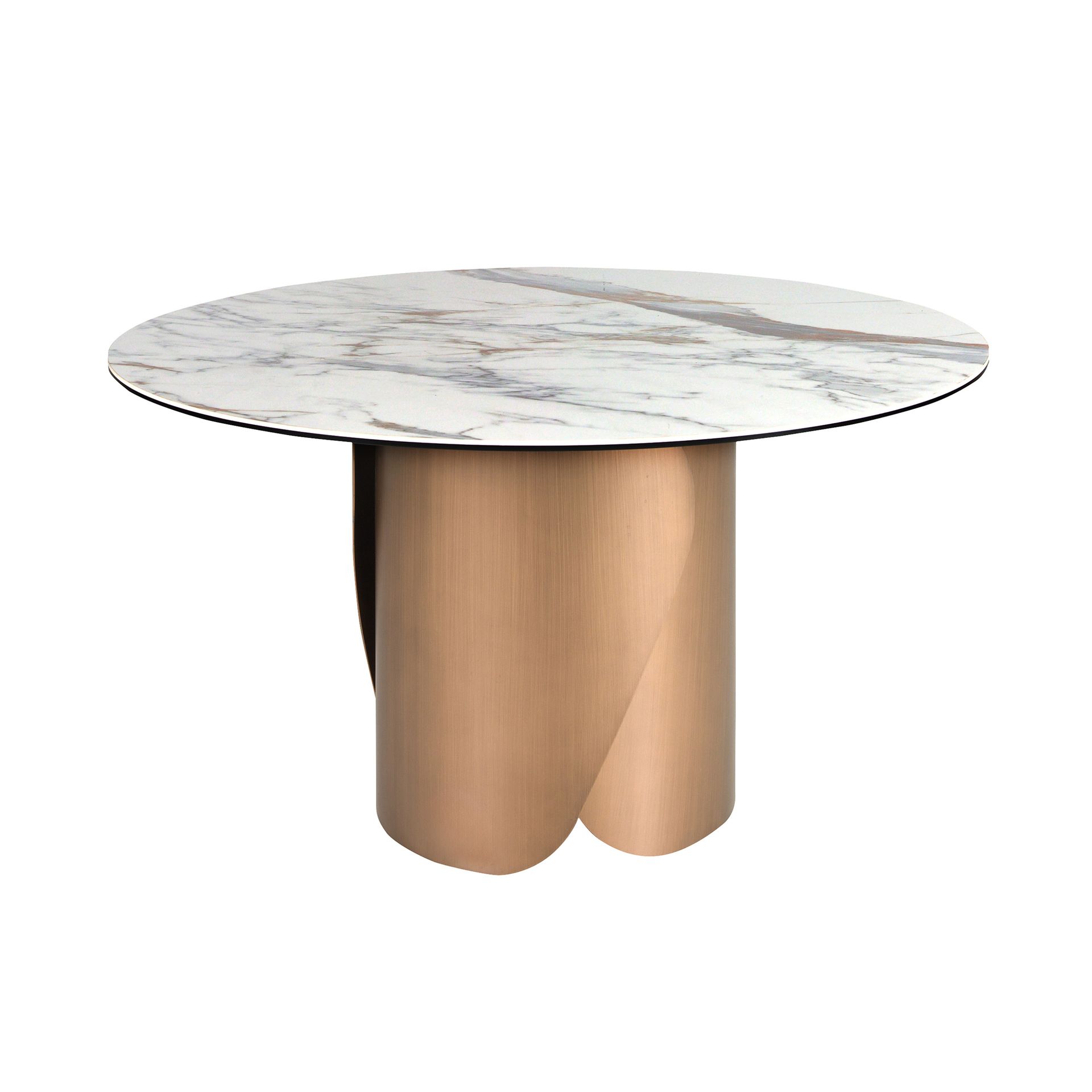 Round dining table with porcelain marble top and bronze-colored steel base