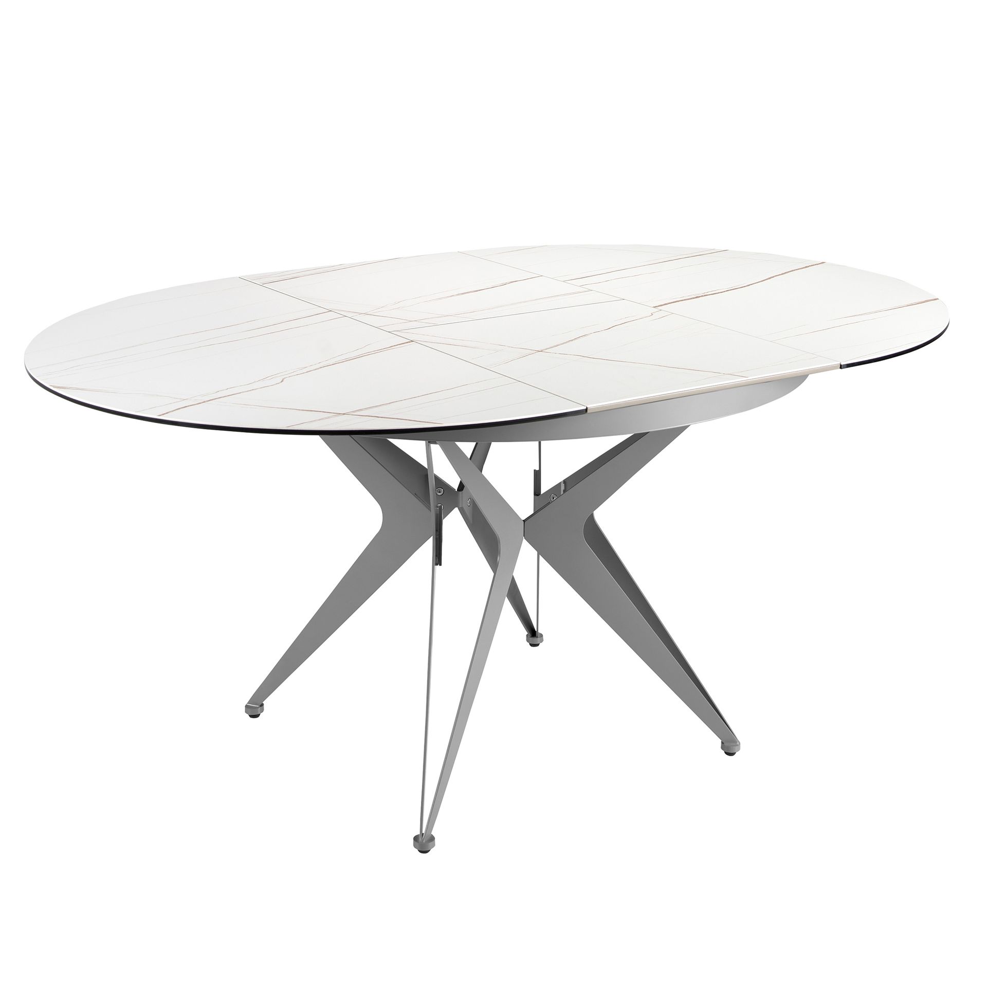 Round extendable dining table in porcelain marble and grey steel