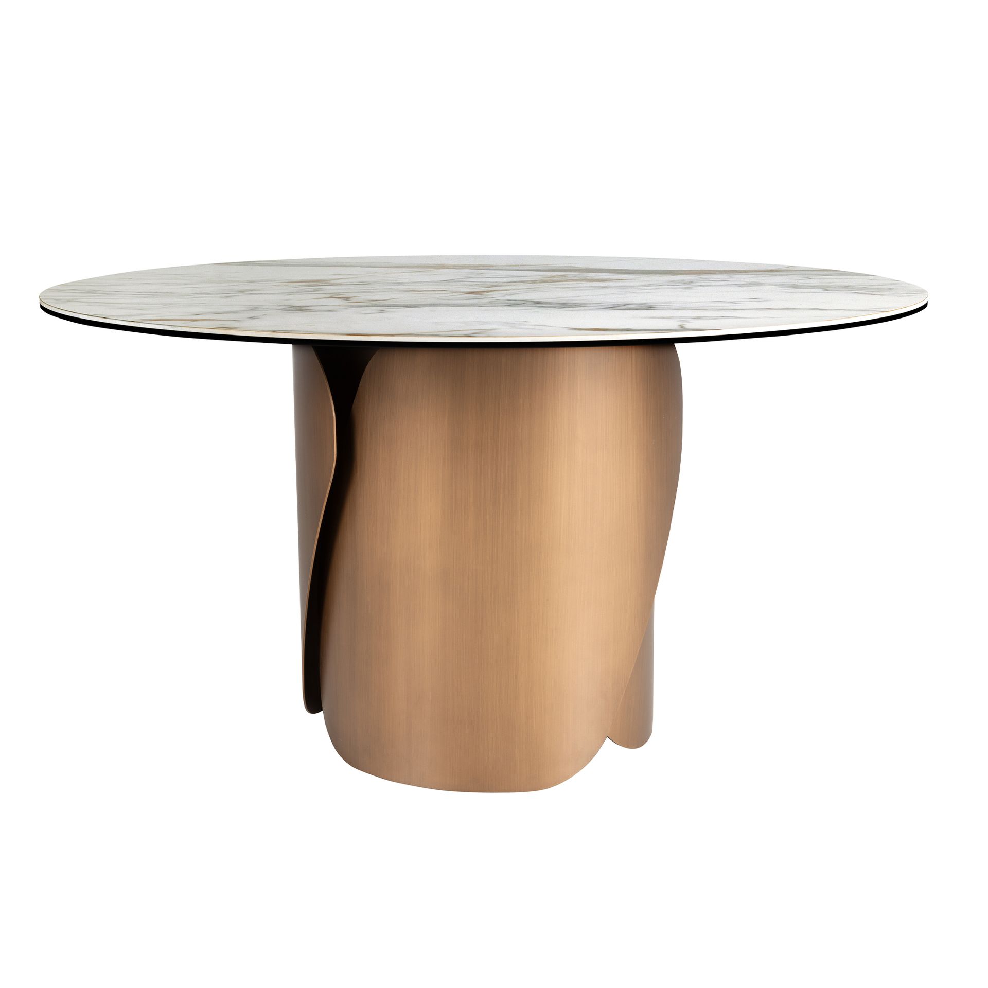 Round dining table with porcelain marble top and bronze-colored steel base