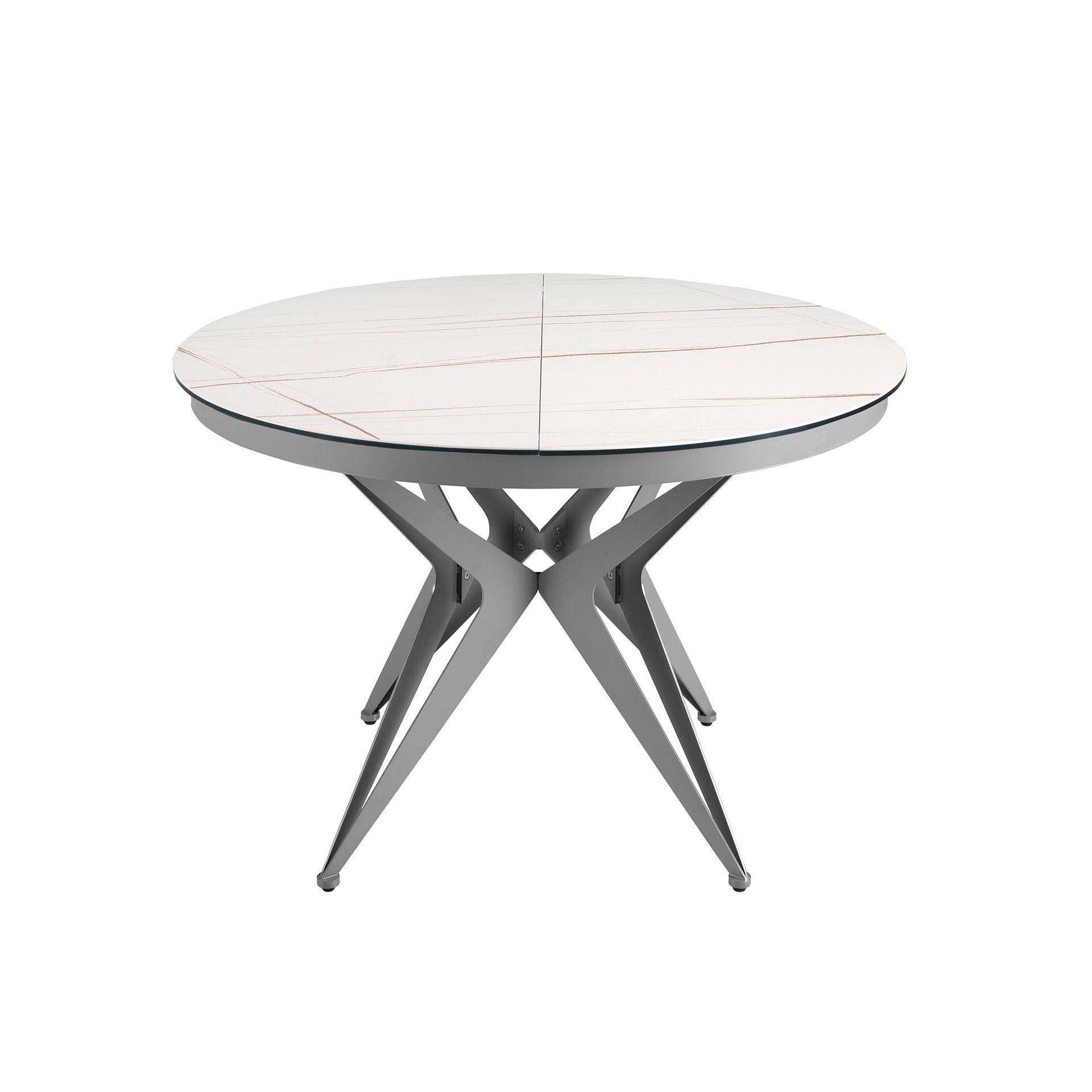 Round extendable dining table in porcelain marble and grey steel