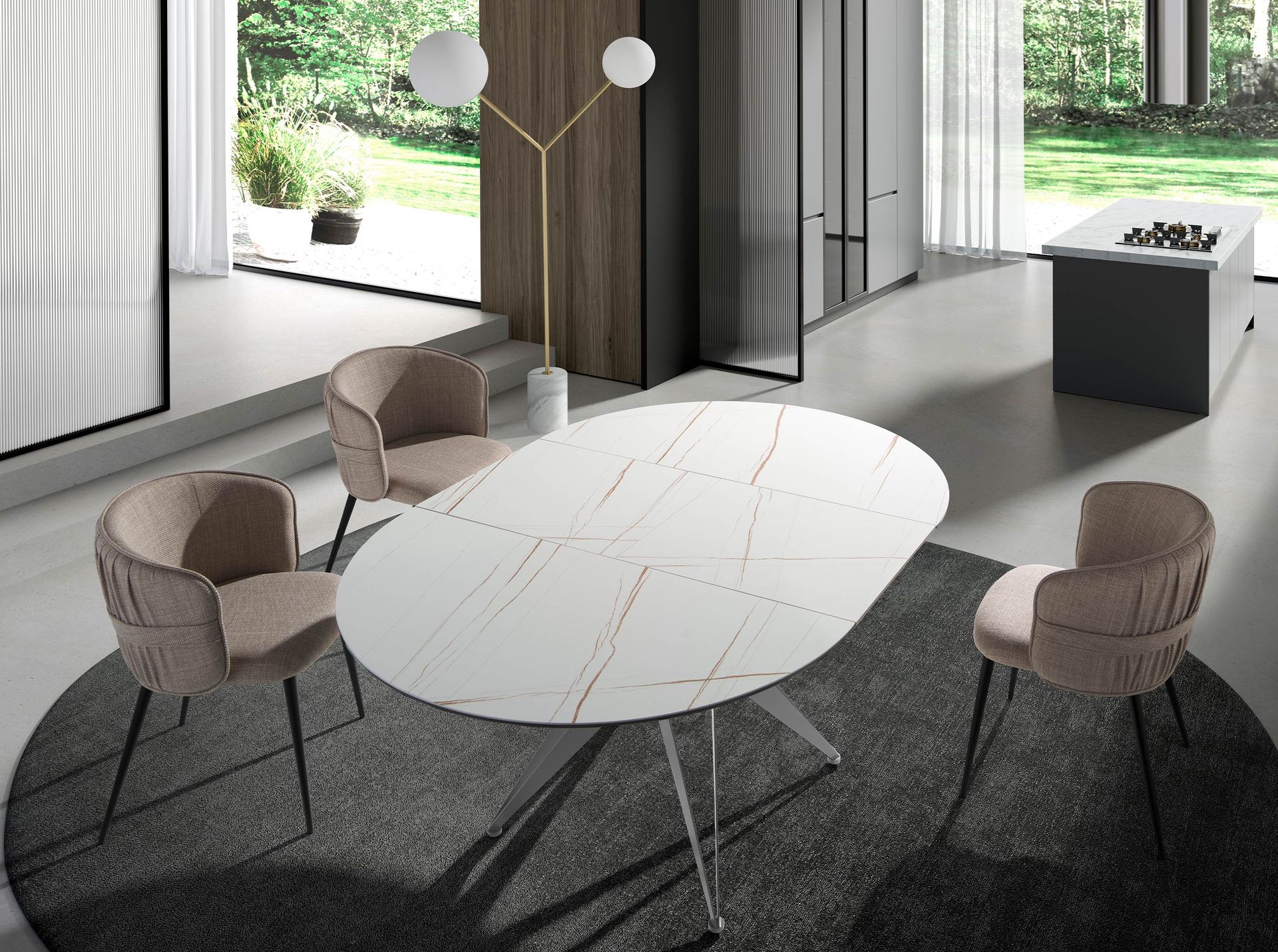 Round extendable dining table in porcelain marble and grey steel