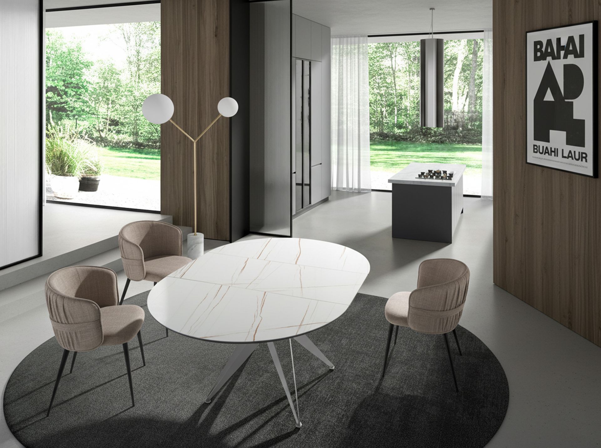 Round extendable dining table in porcelain marble and grey steel