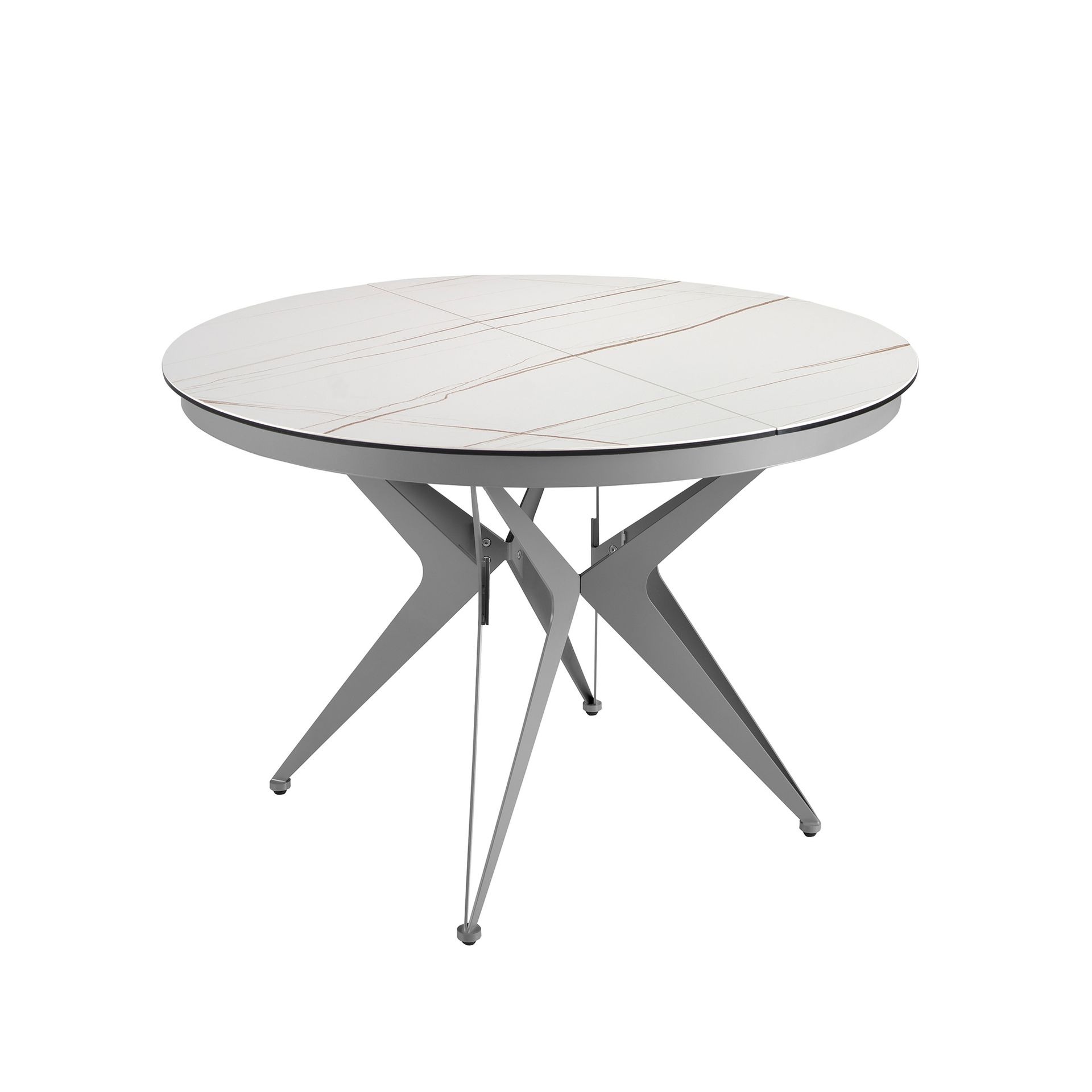 Round extendable dining table in porcelain marble and grey steel