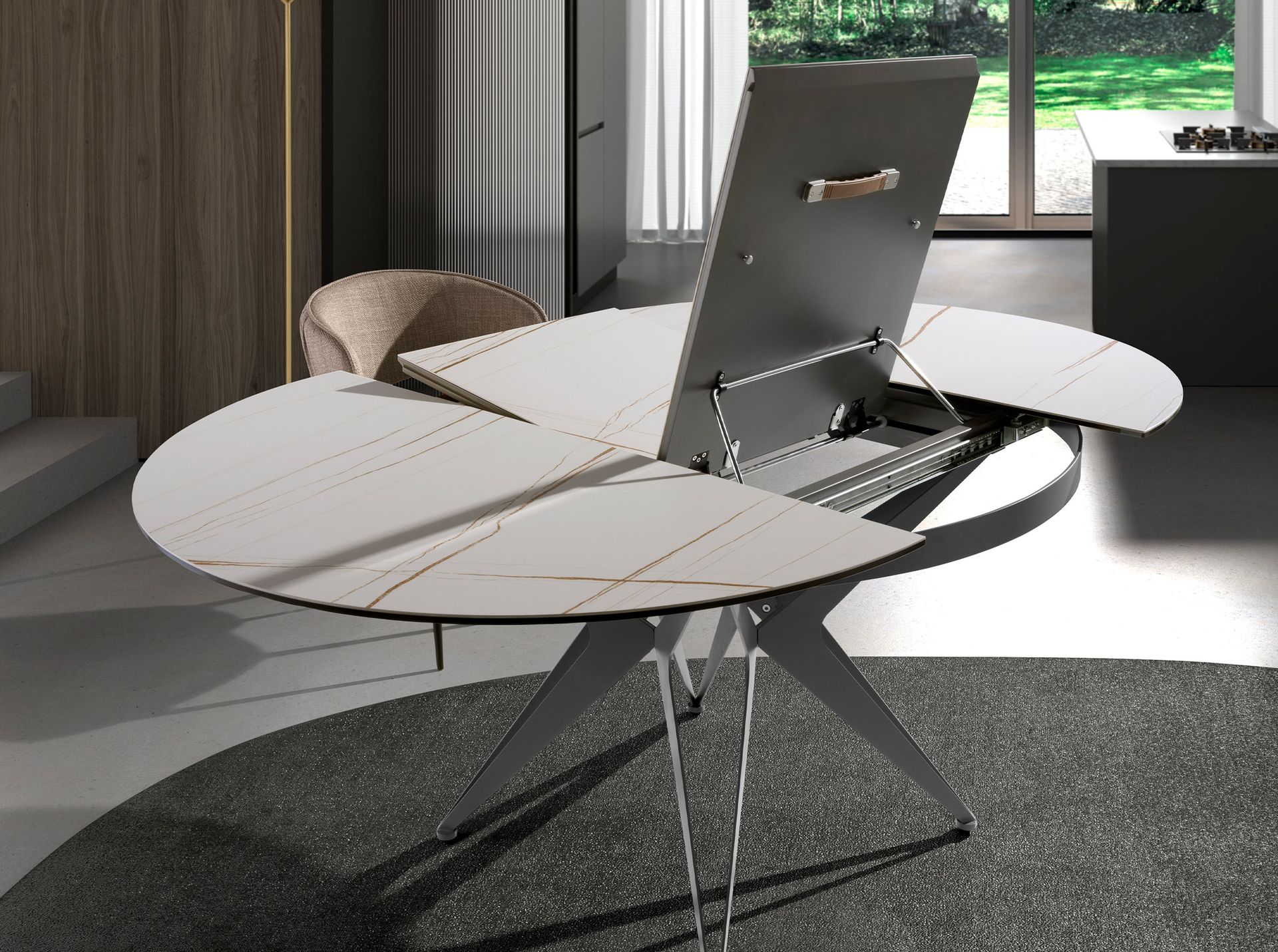 Round extendable dining table in porcelain marble and grey steel