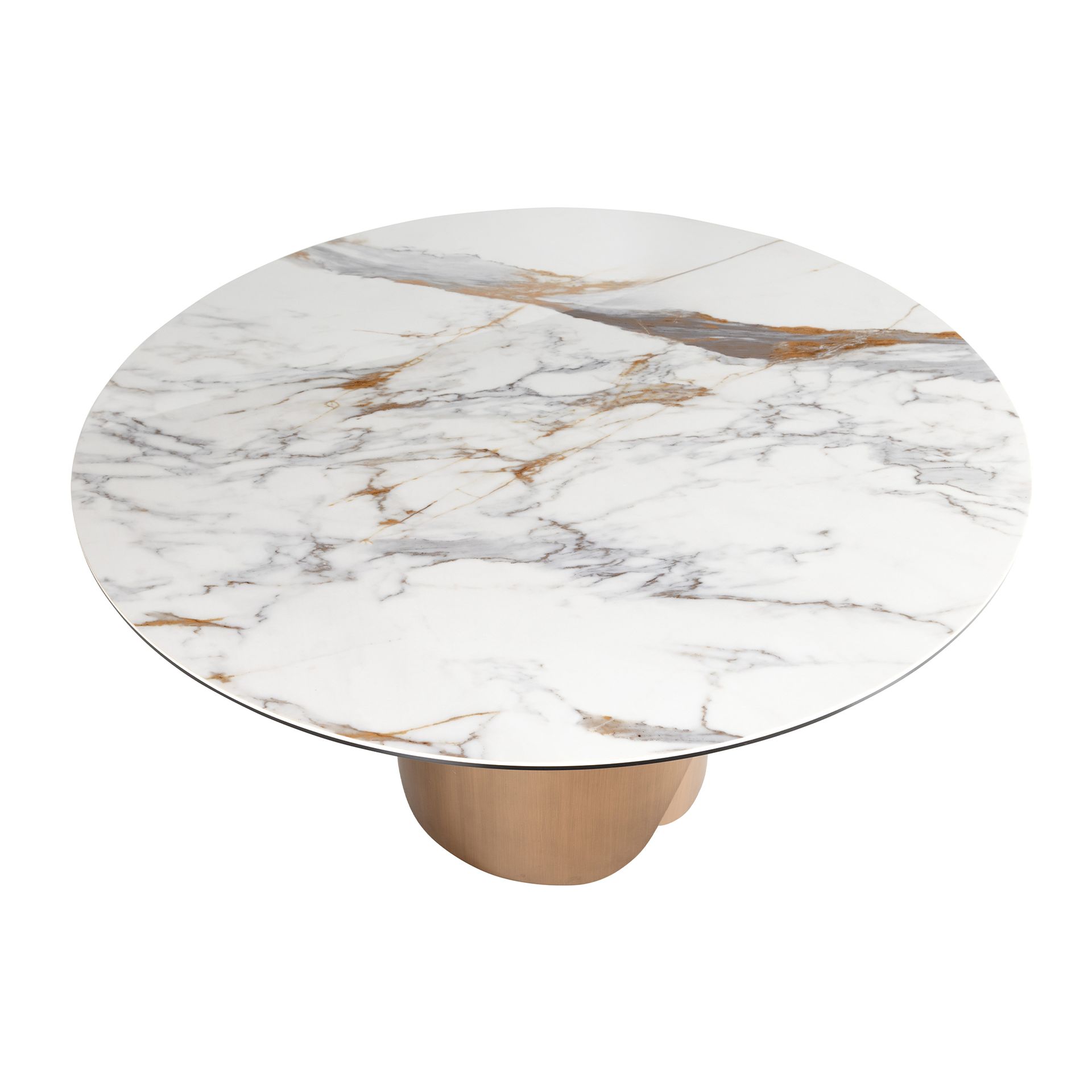 Round dining table with porcelain marble top and bronze-colored steel base
