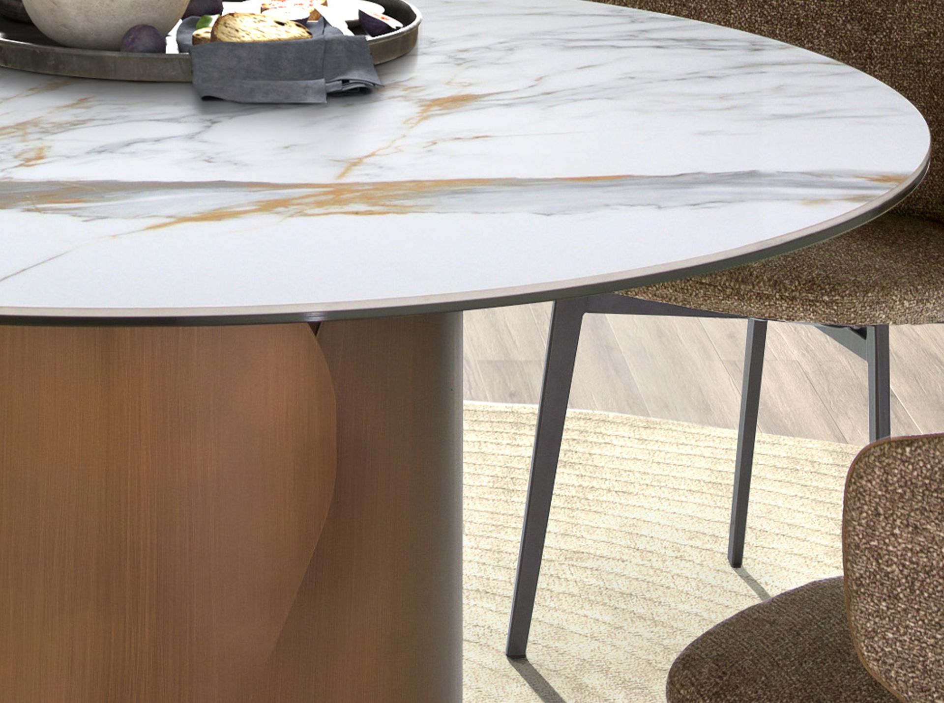 Round dining table with porcelain marble top and bronze-colored steel base