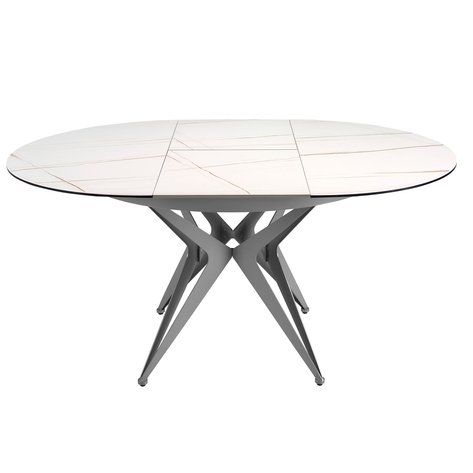 Round extendable dining table in porcelain marble and grey steel
