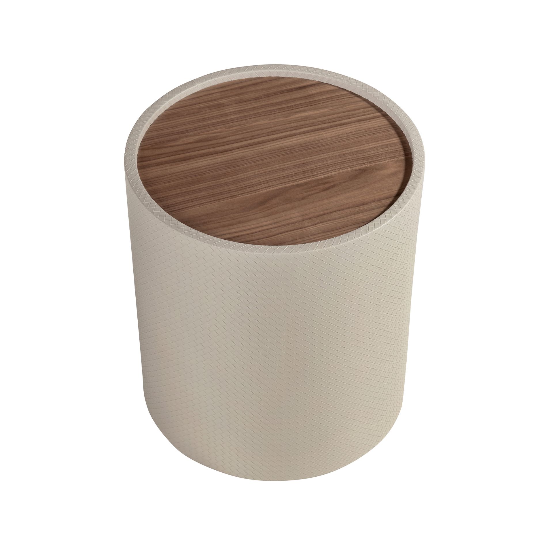 Round side table in walnut, walnut and wood upholstered in sand-coloured leatherette