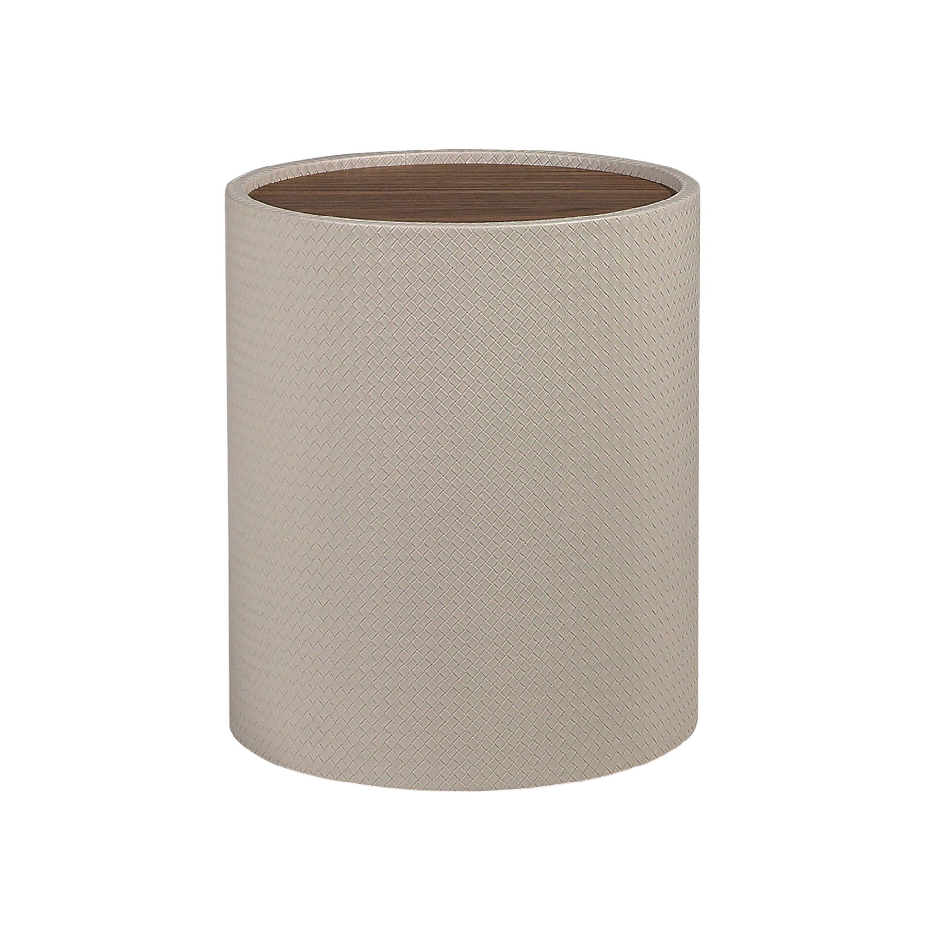 Round side table in walnut, walnut and wood upholstered in sand-coloured leatherette