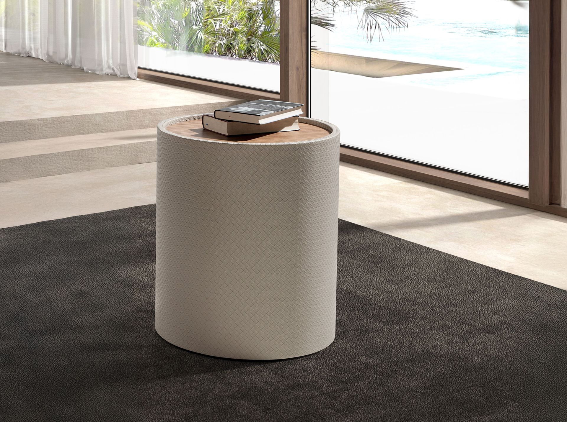Round side table in walnut, walnut and wood upholstered in sand-coloured leatherette