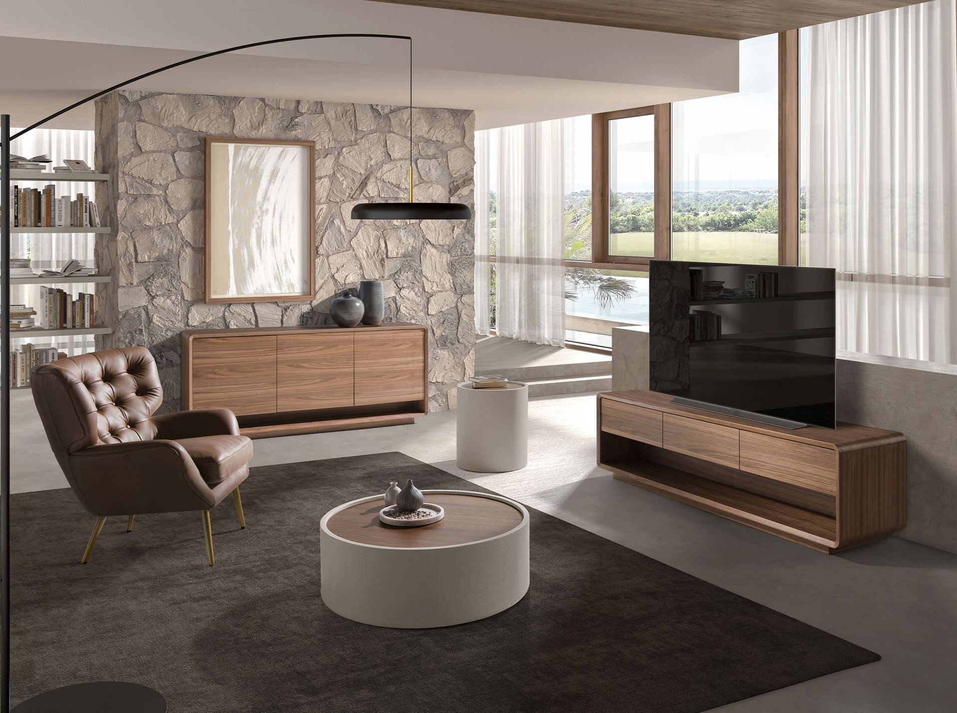 Round side table in walnut, walnut and wood upholstered in sand-coloured leatherette