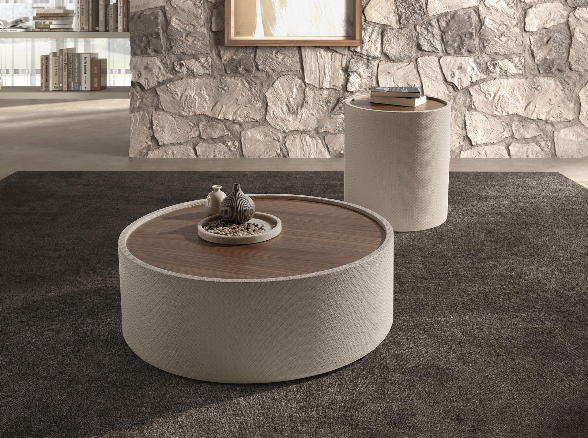 Round side table in walnut, walnut and wood upholstered in sand-coloured leatherette