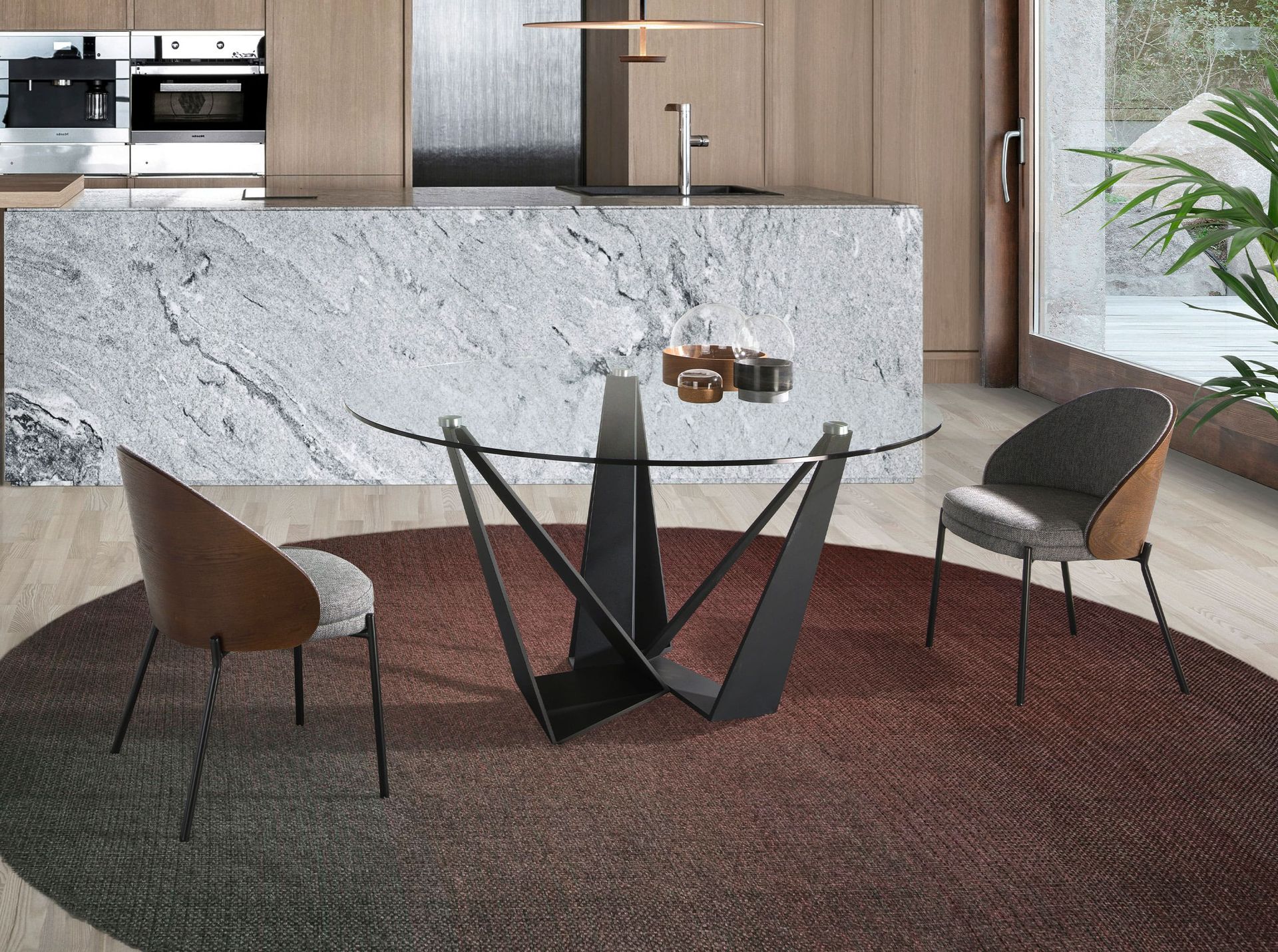 Round tempered glass and black steel dining table