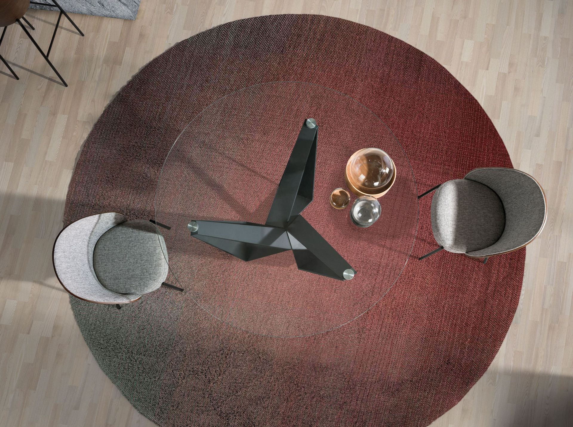 Round tempered glass and black steel dining table