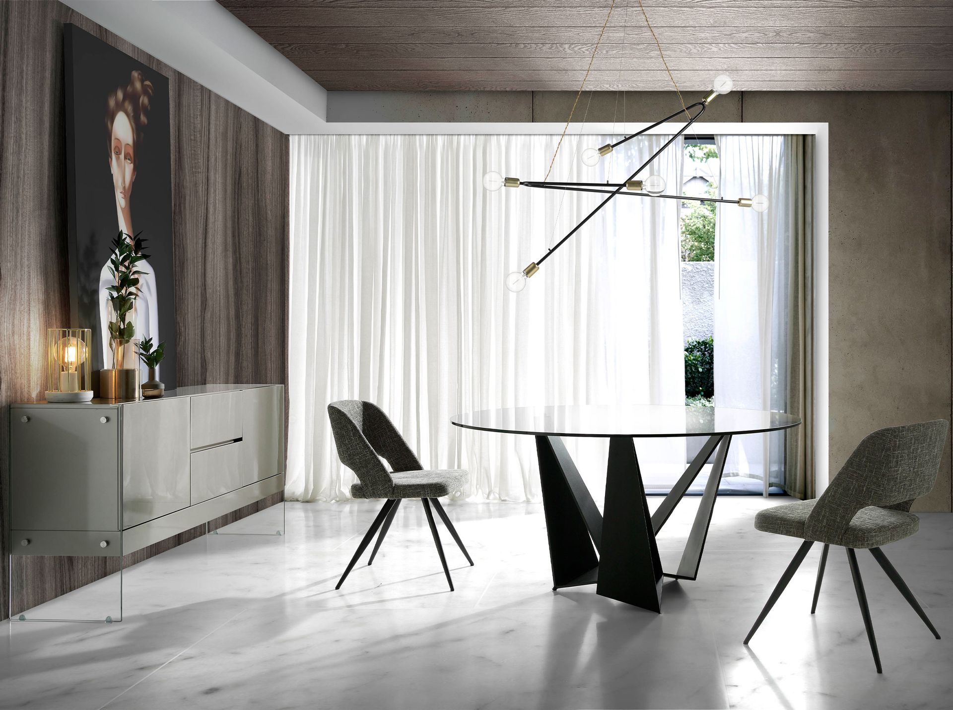 Round tempered glass and black steel dining table