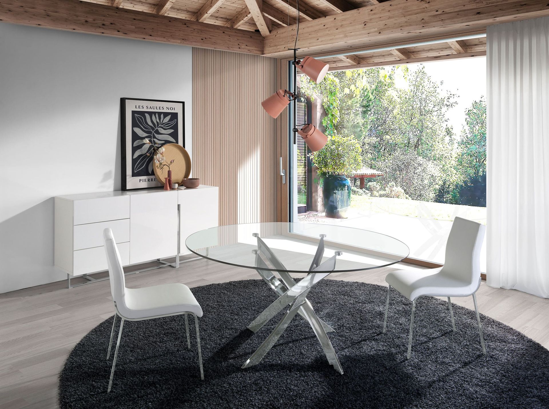 Round tempered glass and chrome-plated steel dining table