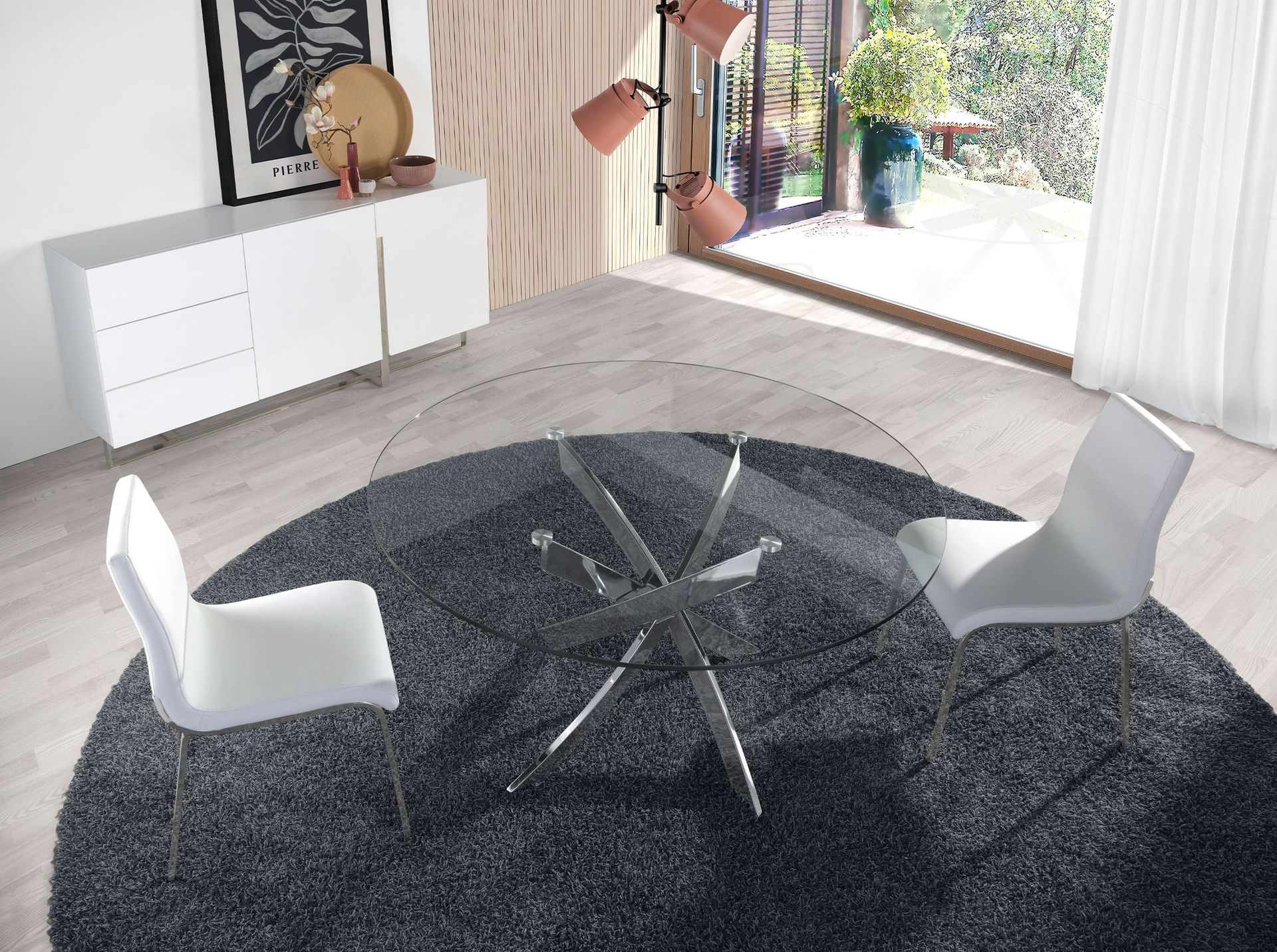 Round tempered glass and chrome-plated steel dining table