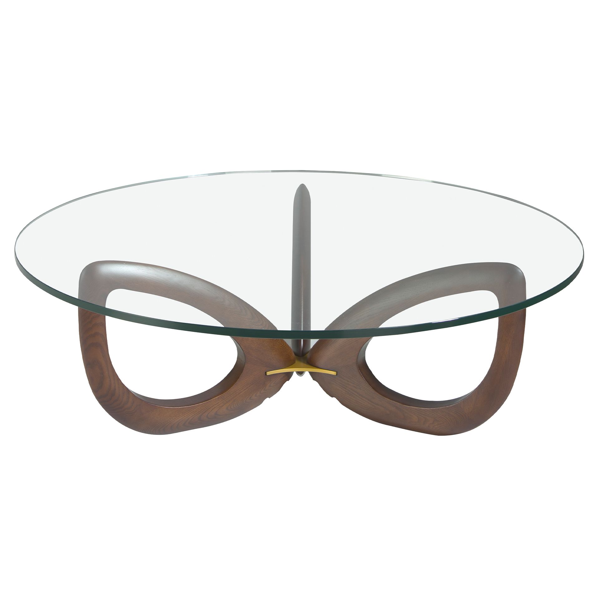 Round tempered glass and walnut coffee table