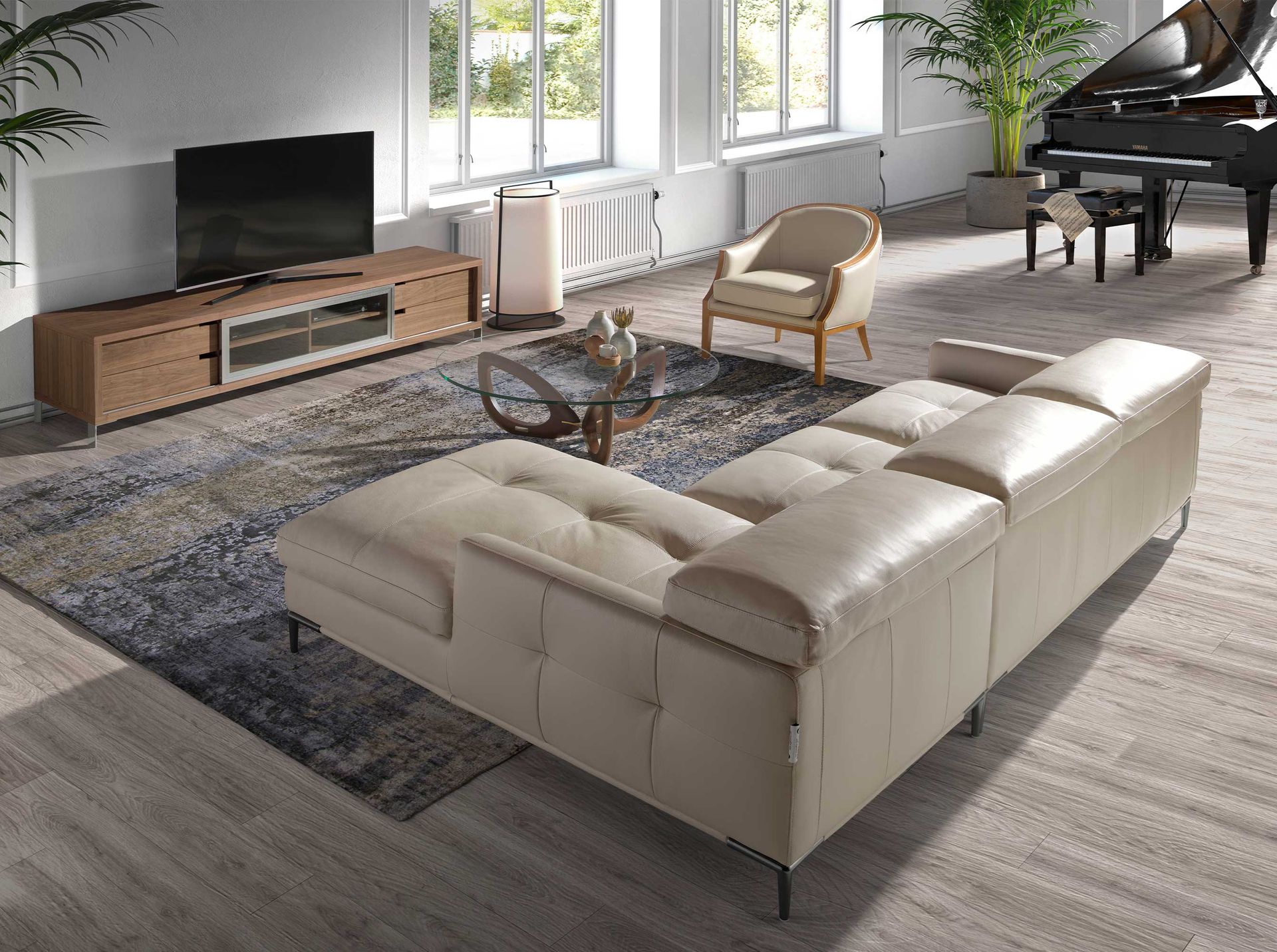 Round tempered glass and walnut coffee table