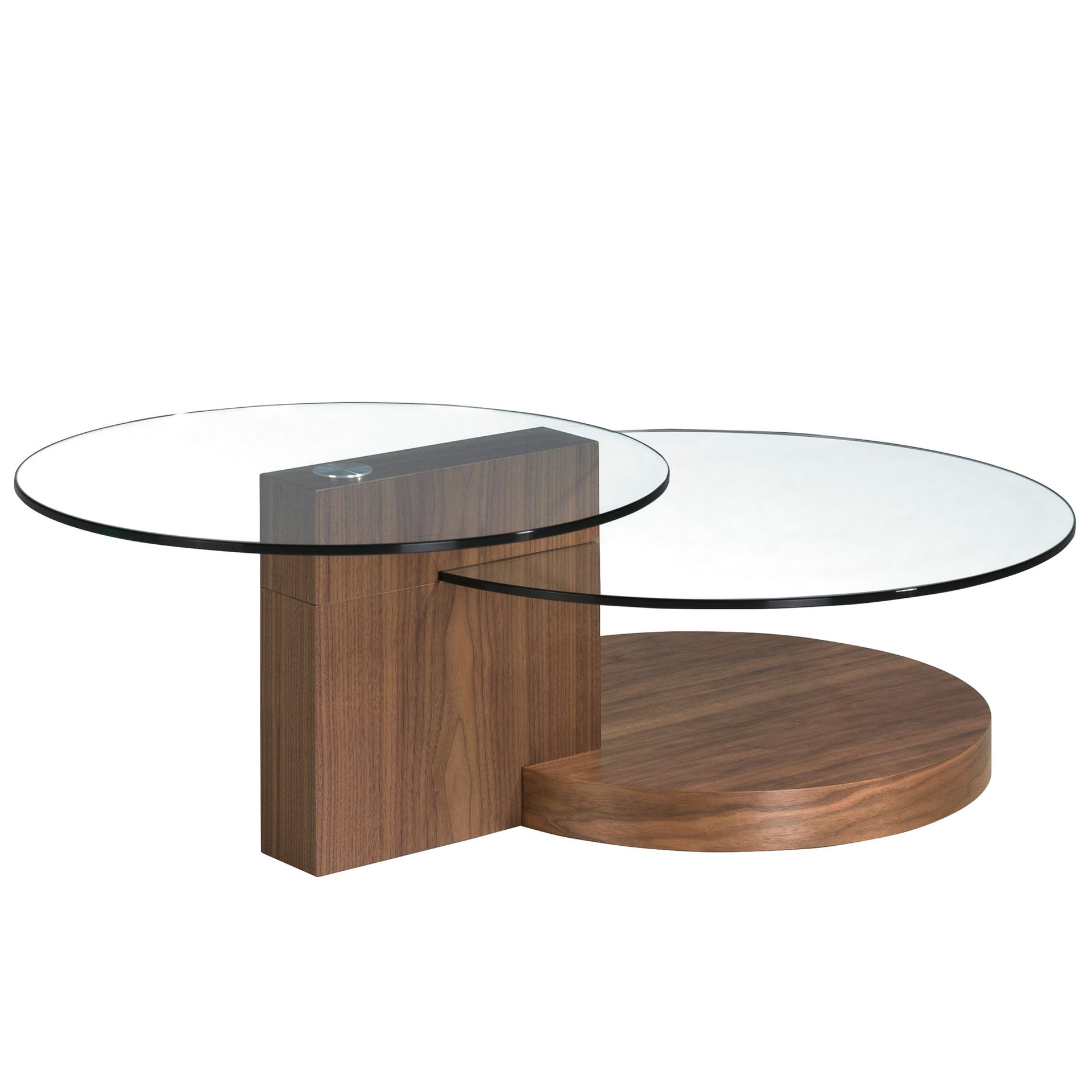 Round tempered glass and walnut coffee table
