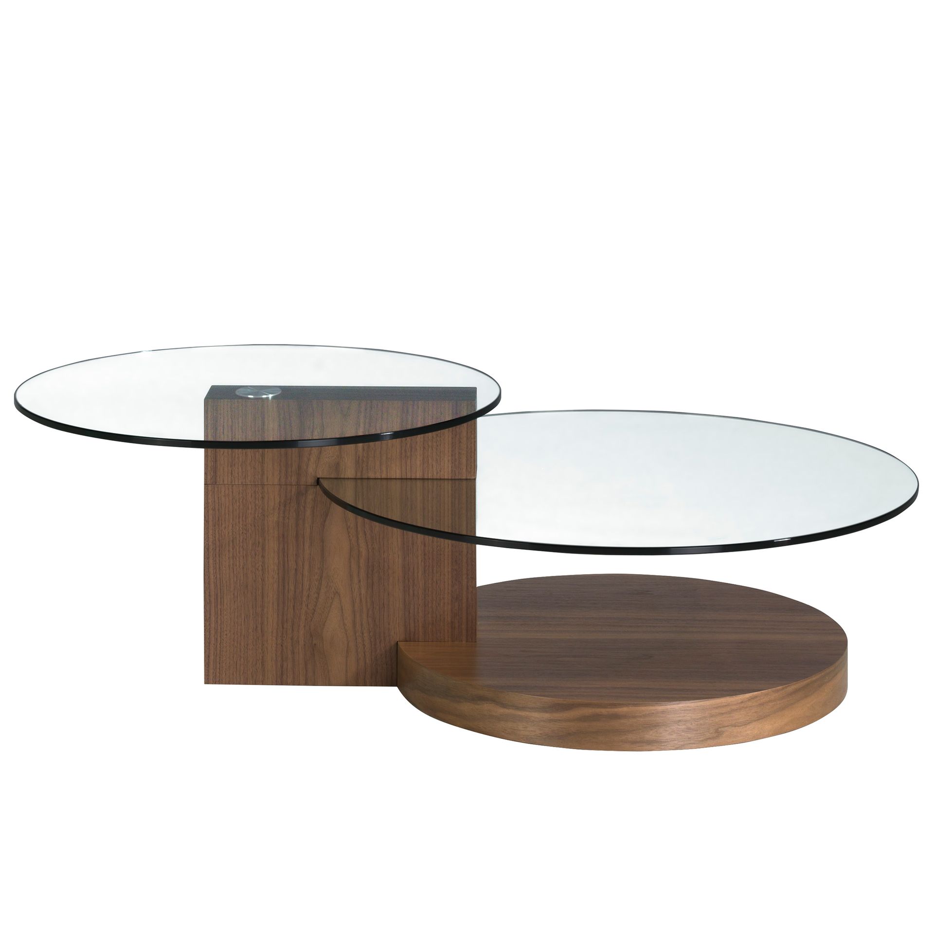 Round tempered glass and walnut coffee table
