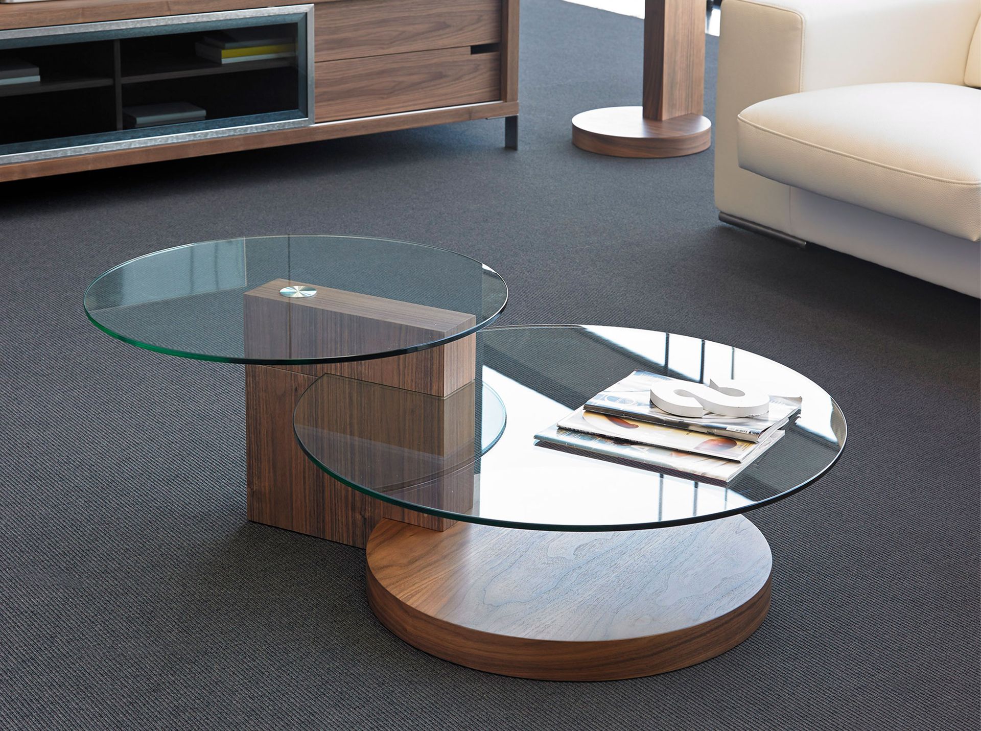 Round tempered glass and walnut coffee table