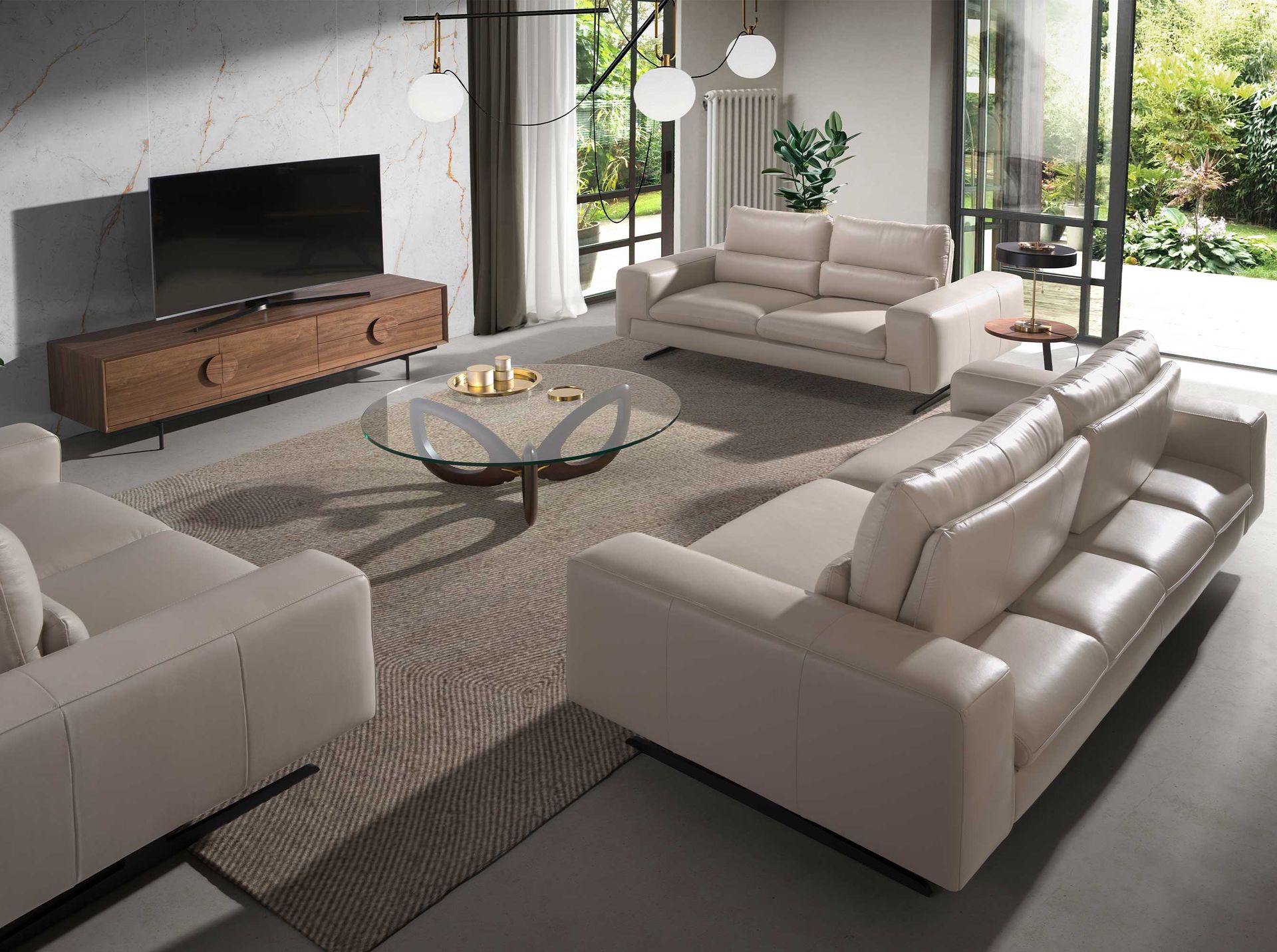 Round tempered glass and walnut coffee table