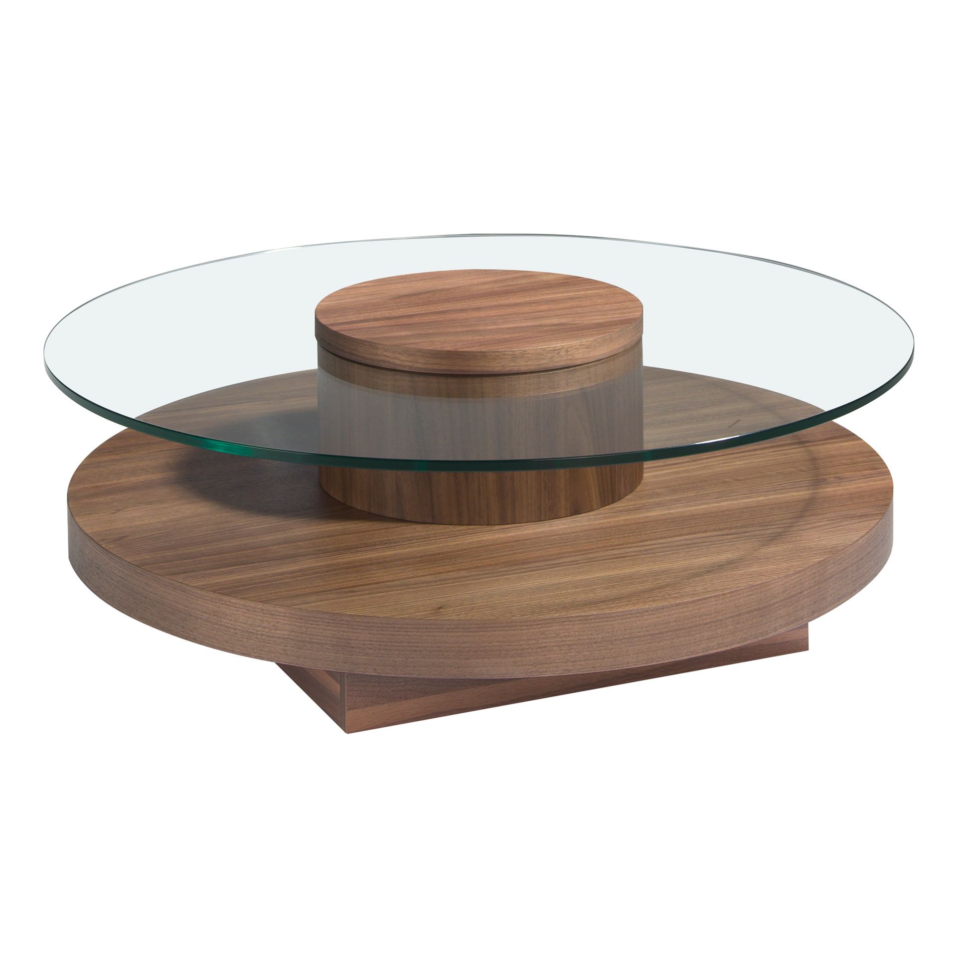 Round tempered glass and walnut coffee table