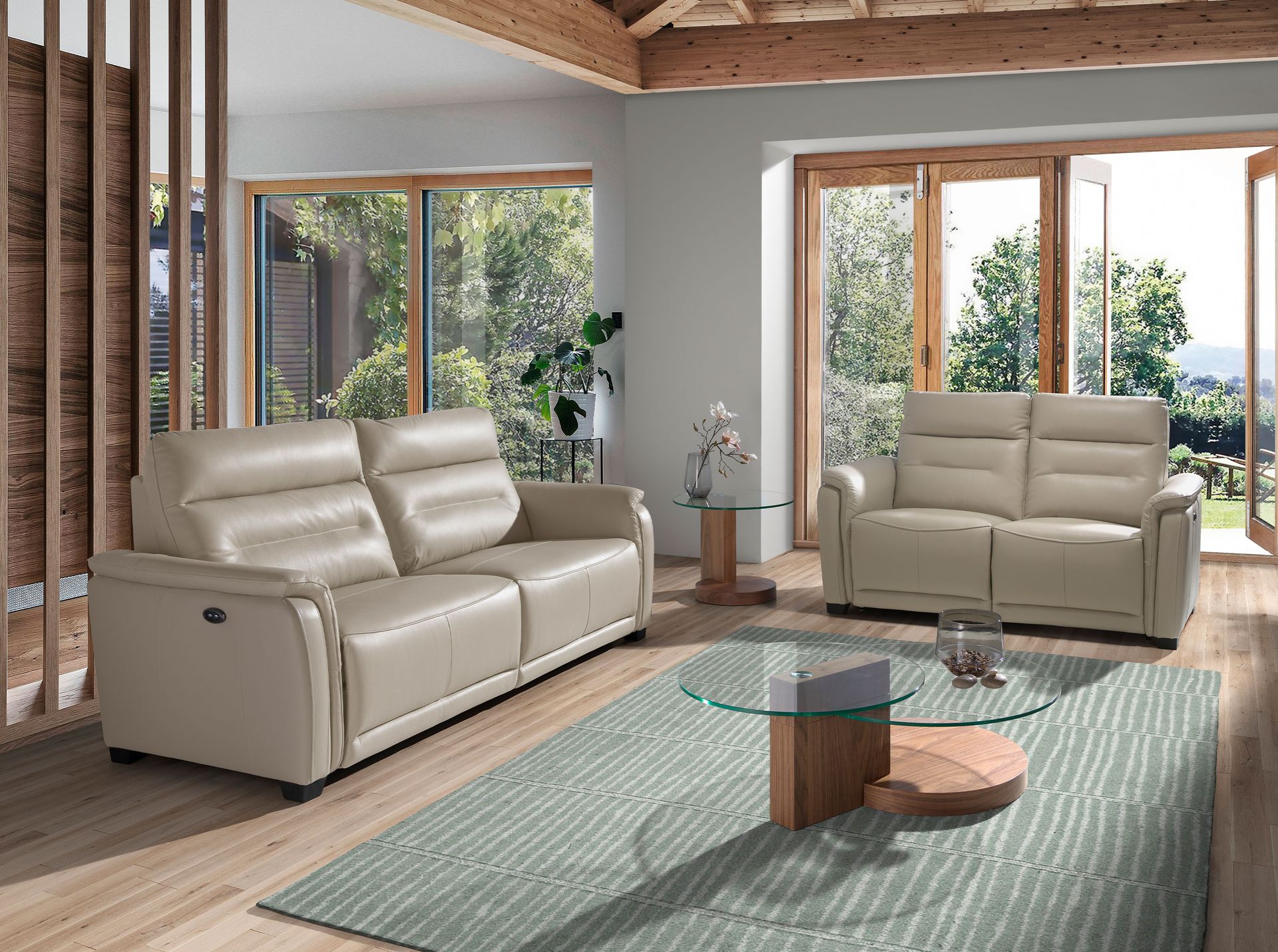 Round tempered glass and walnut coffee table