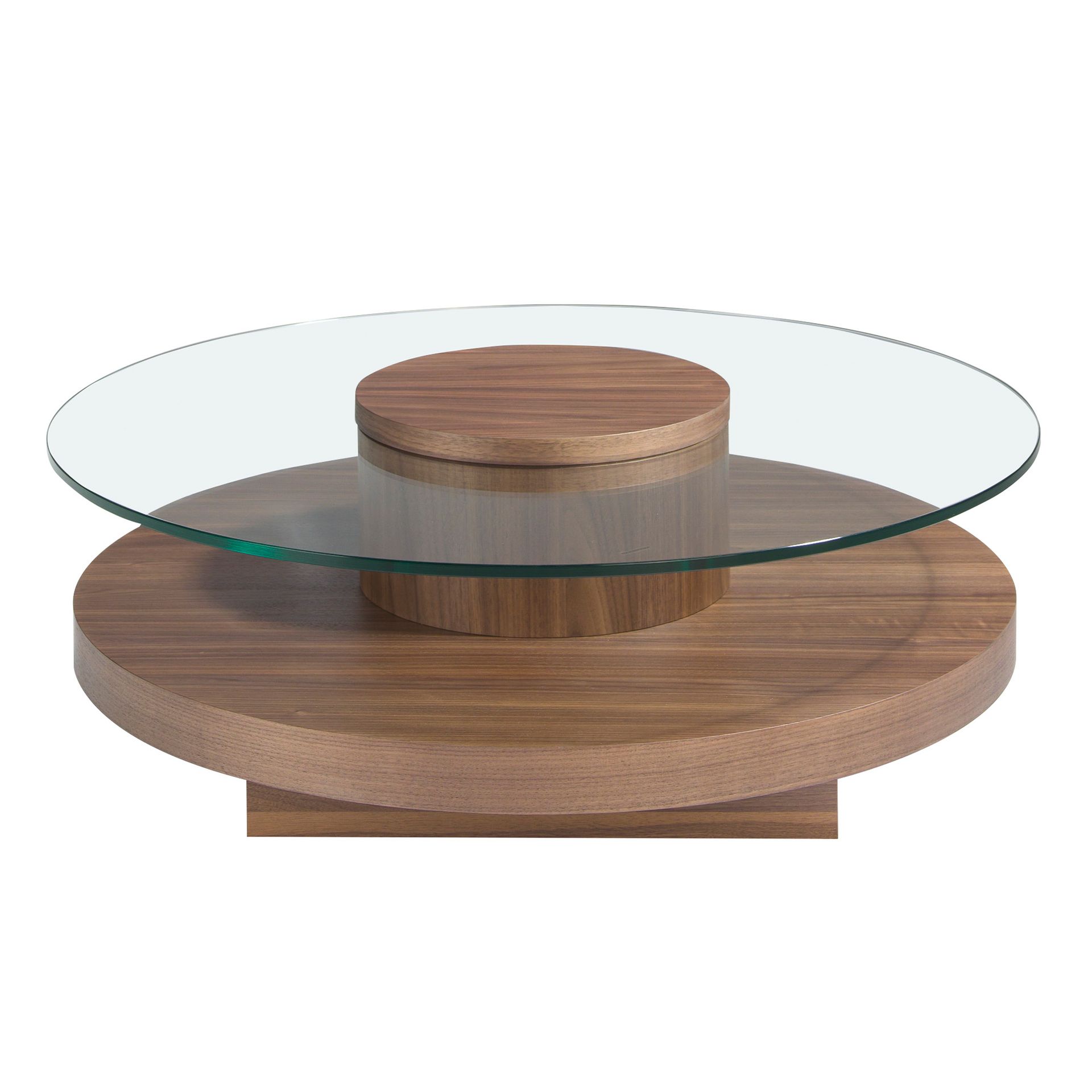 Round tempered glass and walnut coffee table