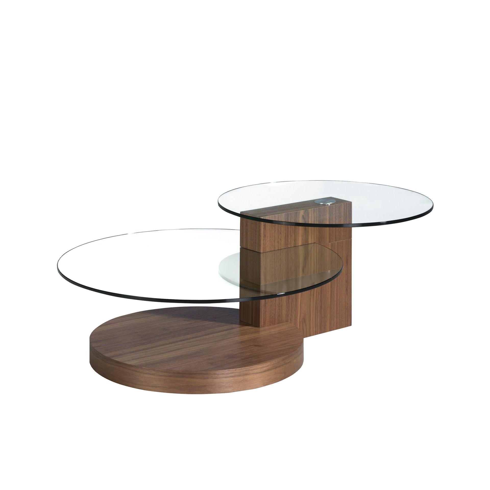 Round tempered glass and walnut coffee table