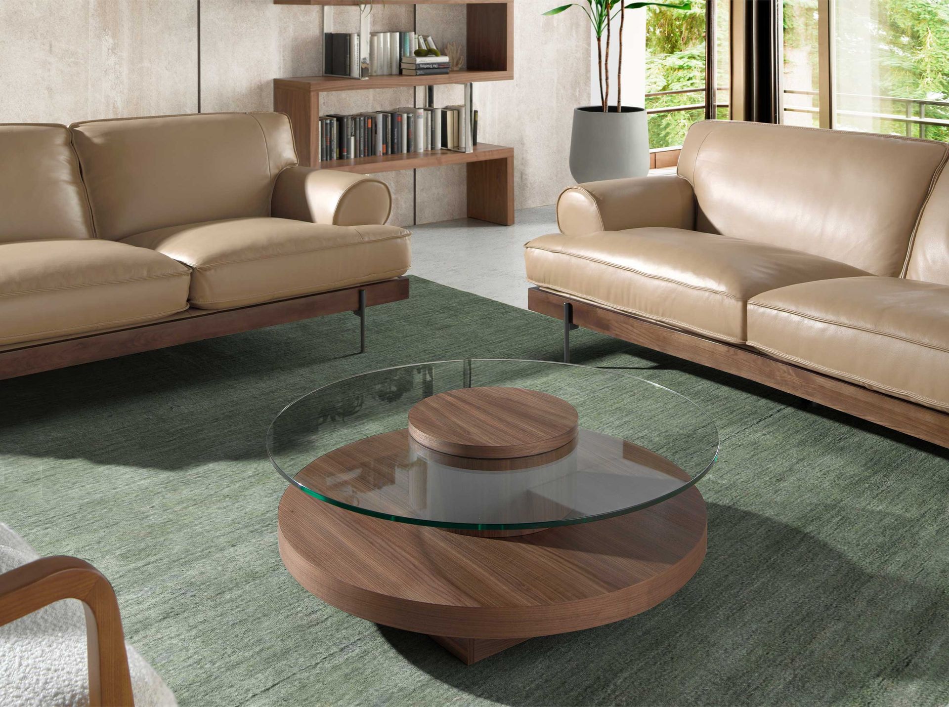 Round tempered glass and walnut coffee table