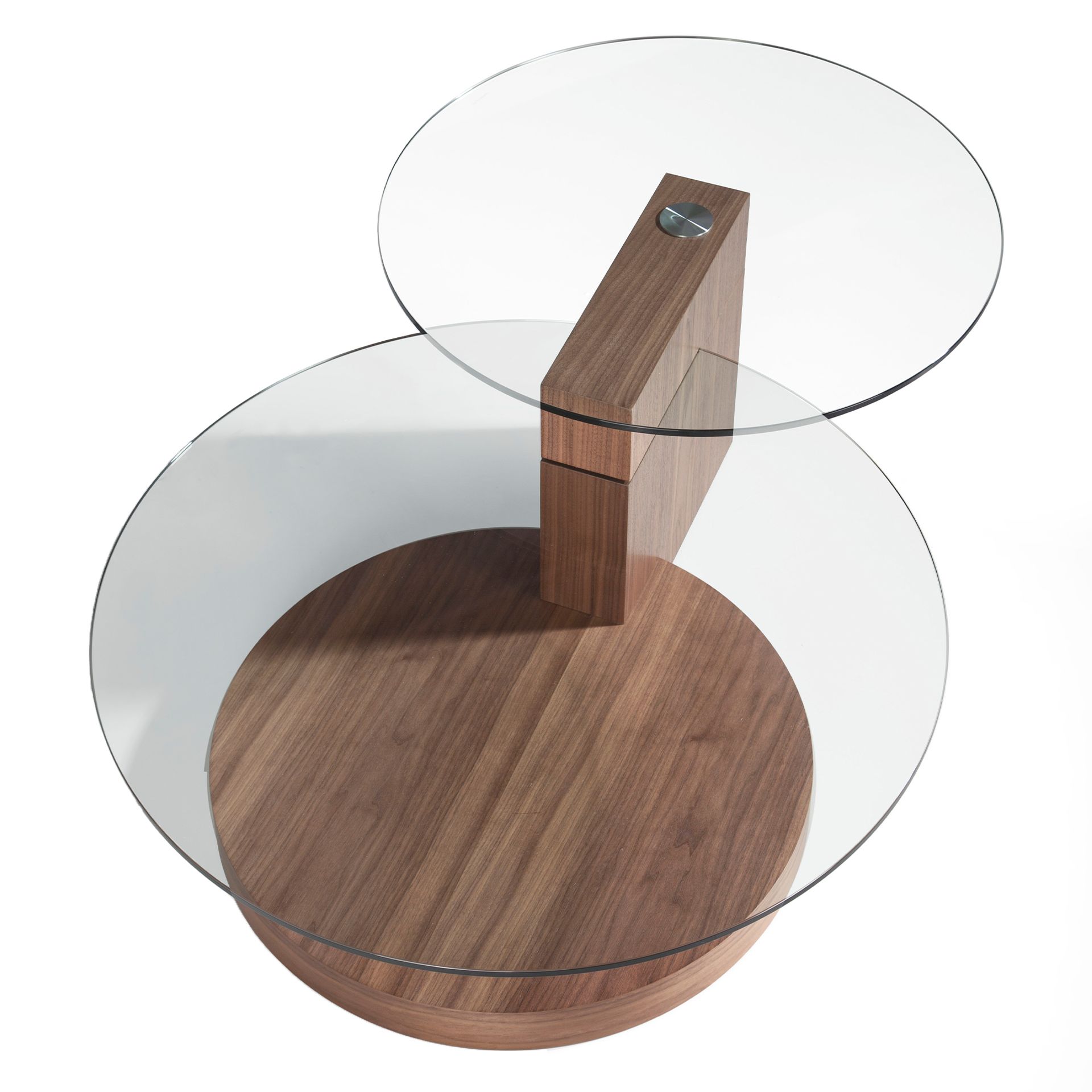 Round tempered glass and walnut coffee table