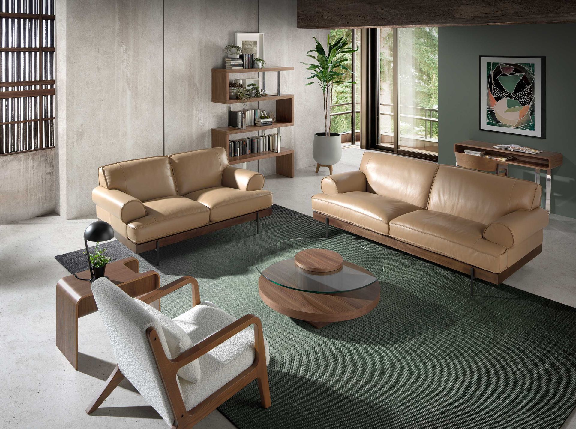 Round tempered glass and walnut coffee table