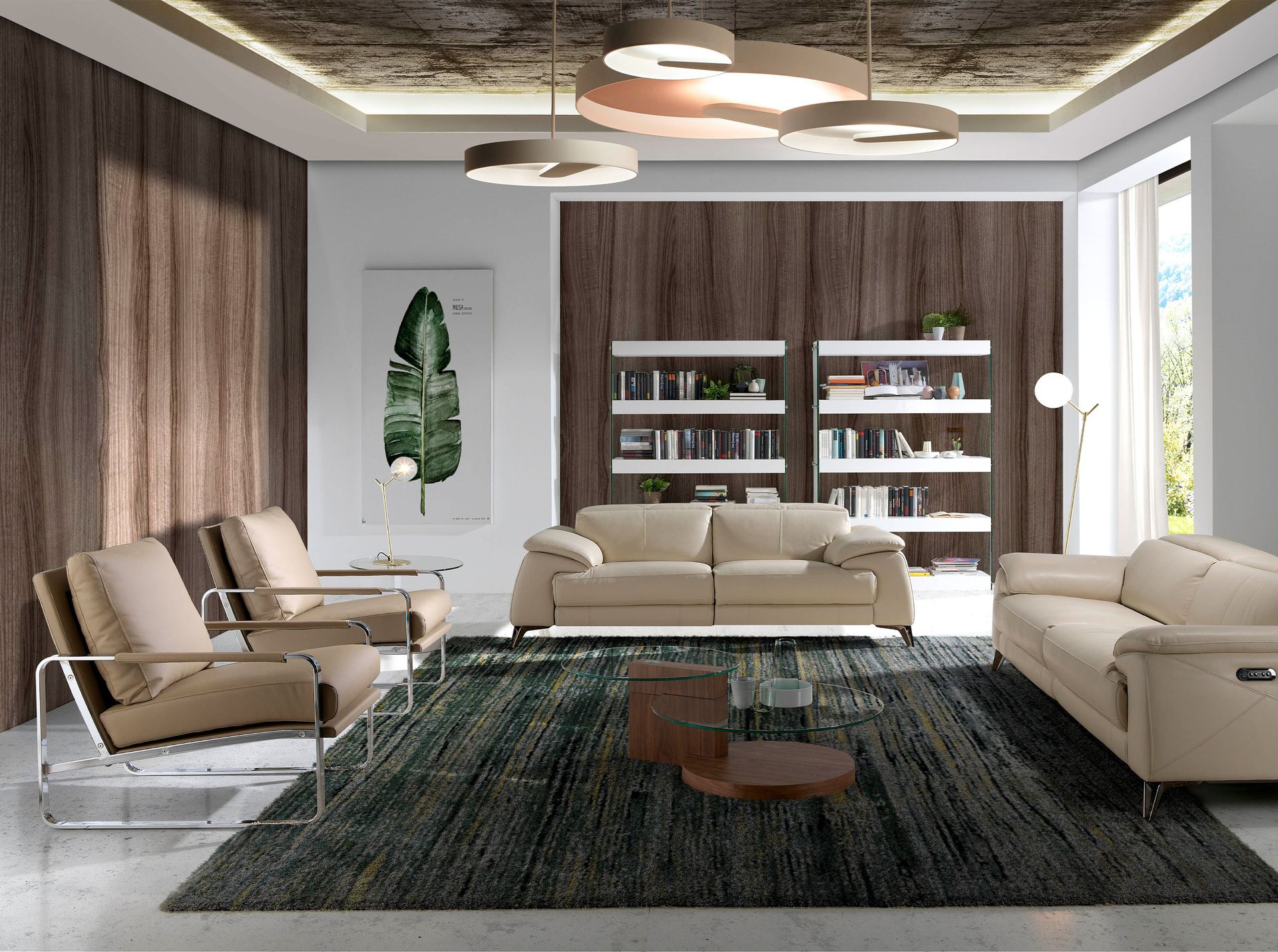 Round tempered glass and walnut coffee table