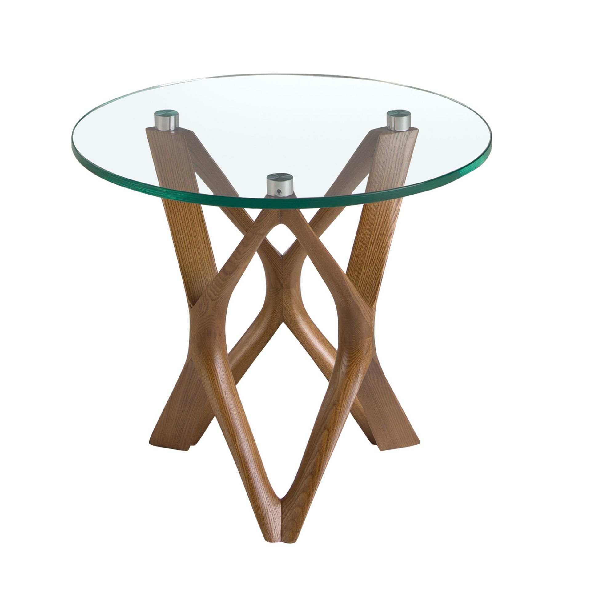 Round tempered glass and walnut corner table