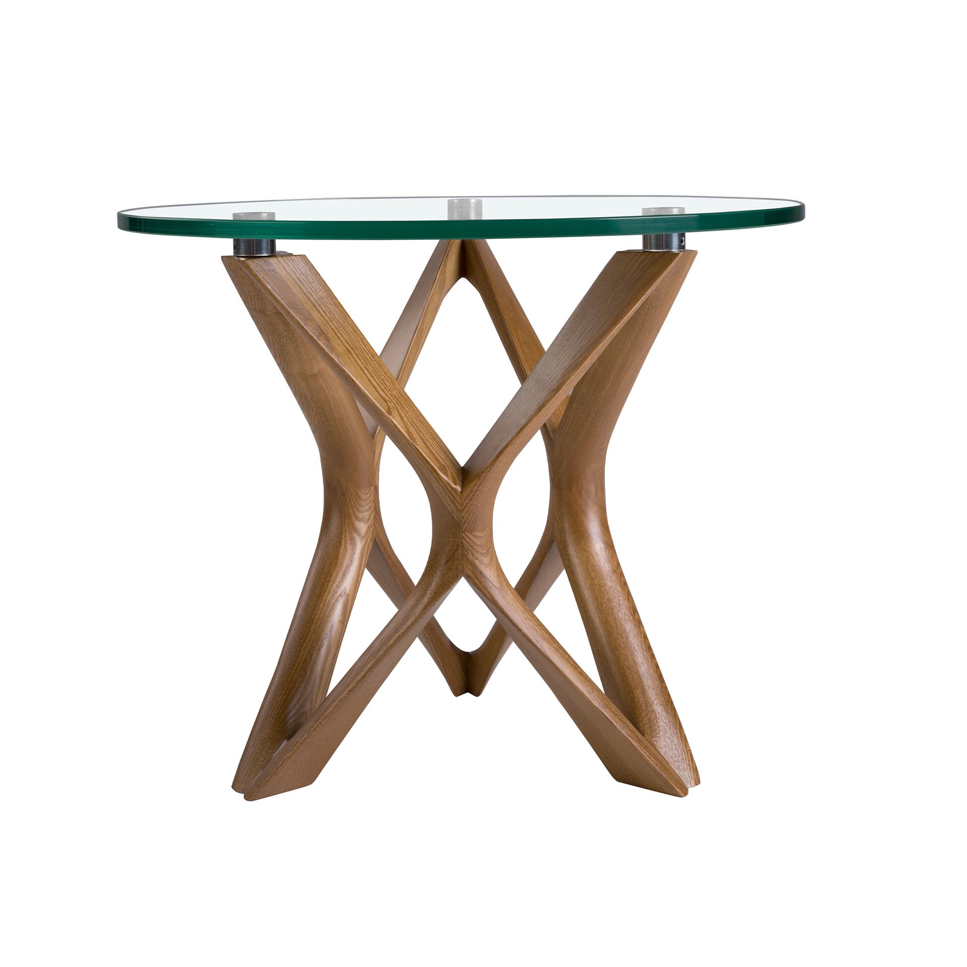 Round tempered glass and walnut corner table