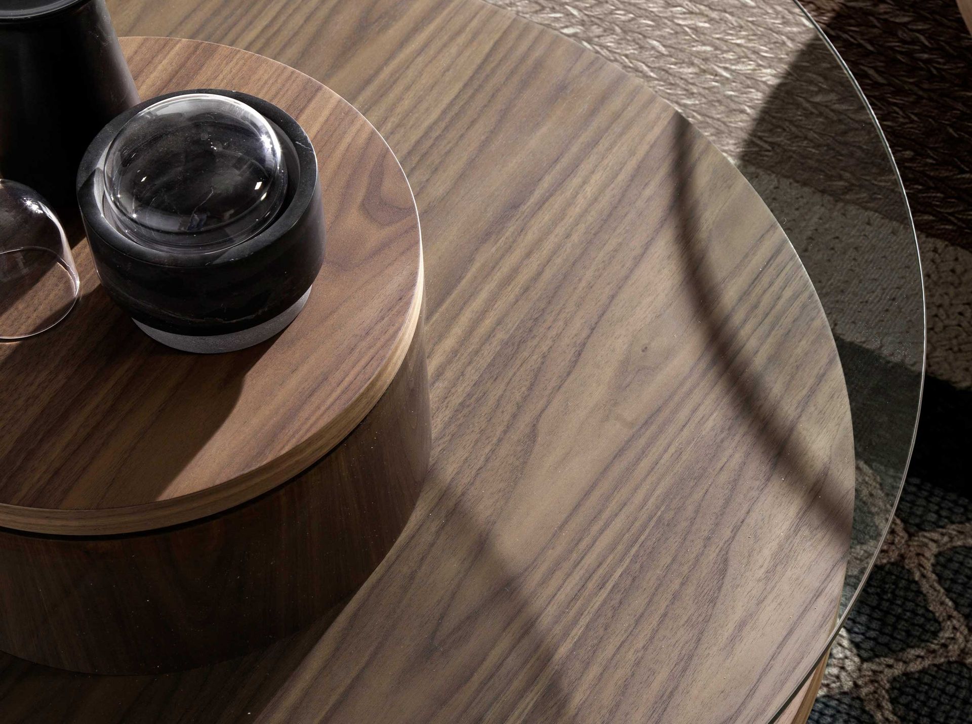 Round tempered glass and walnut coffee table