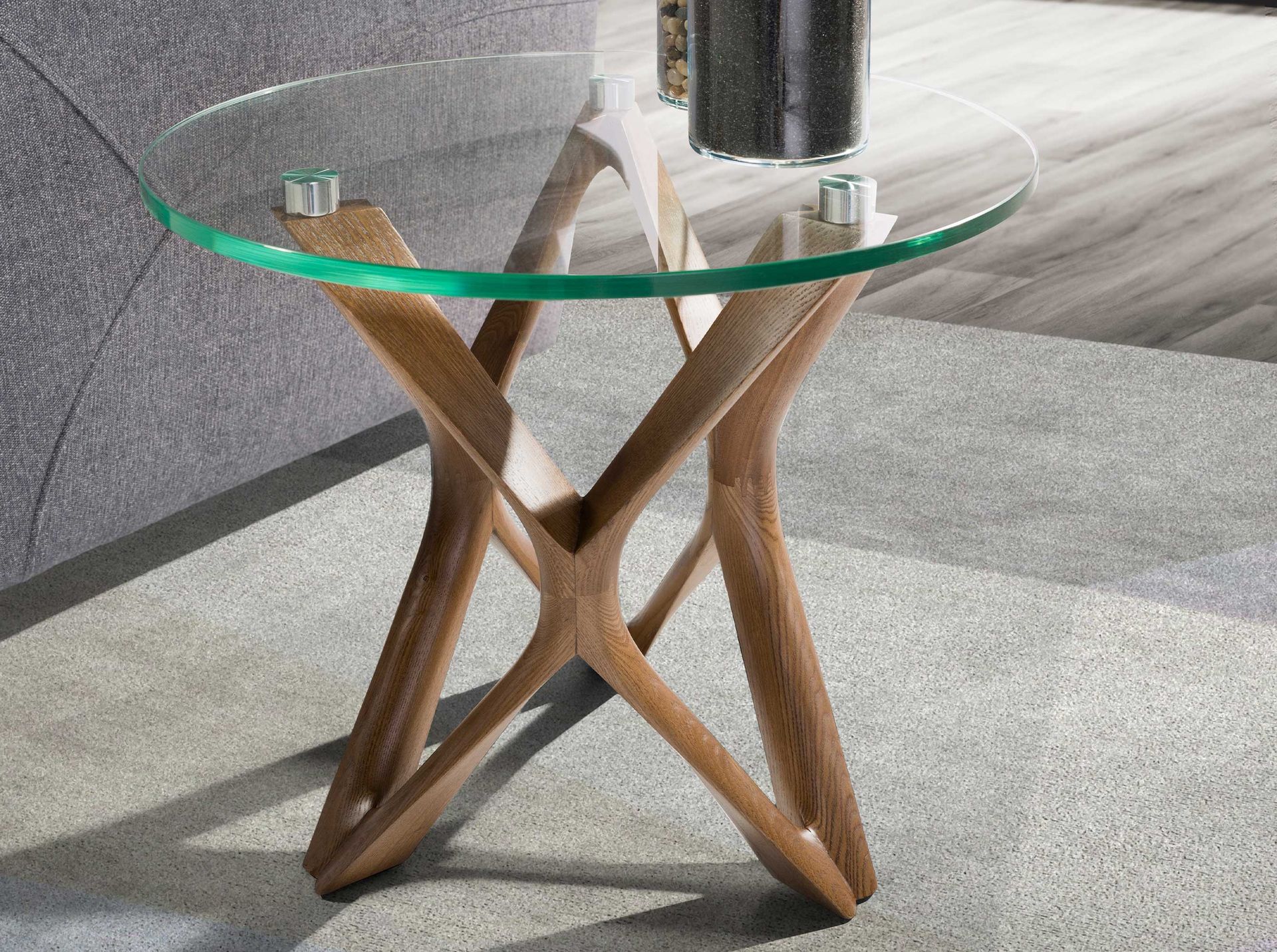 Round tempered glass and walnut corner table