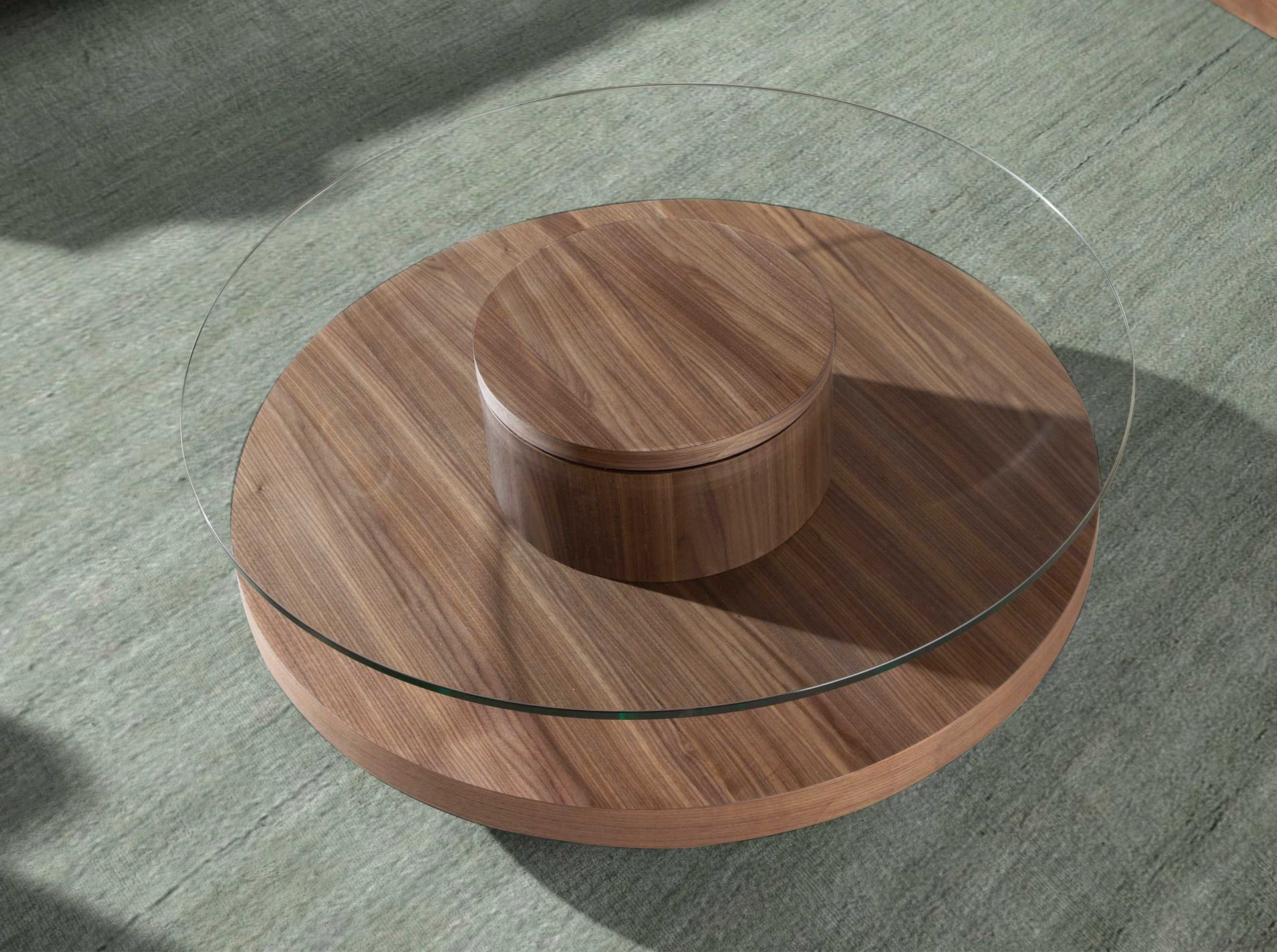 Round tempered glass and walnut coffee table