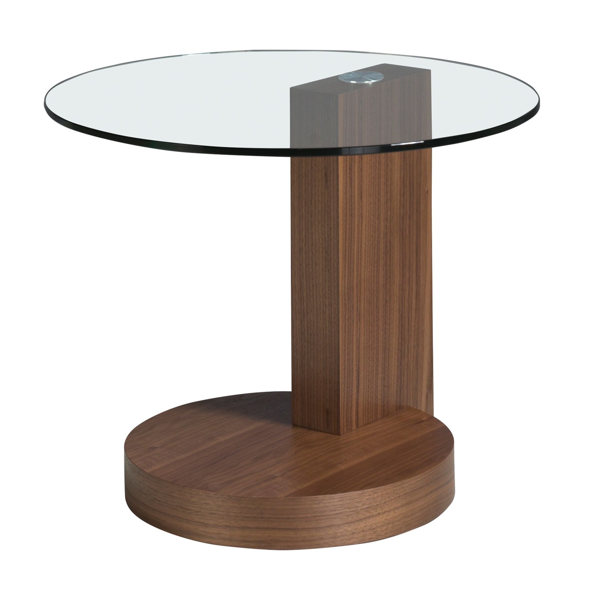 Round tempered glass and walnut corner table