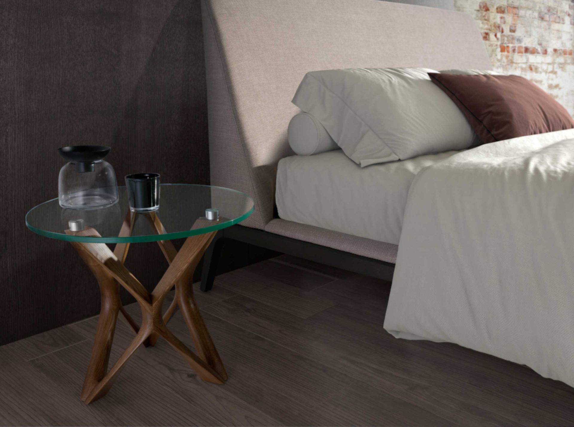 Round tempered glass and walnut corner table