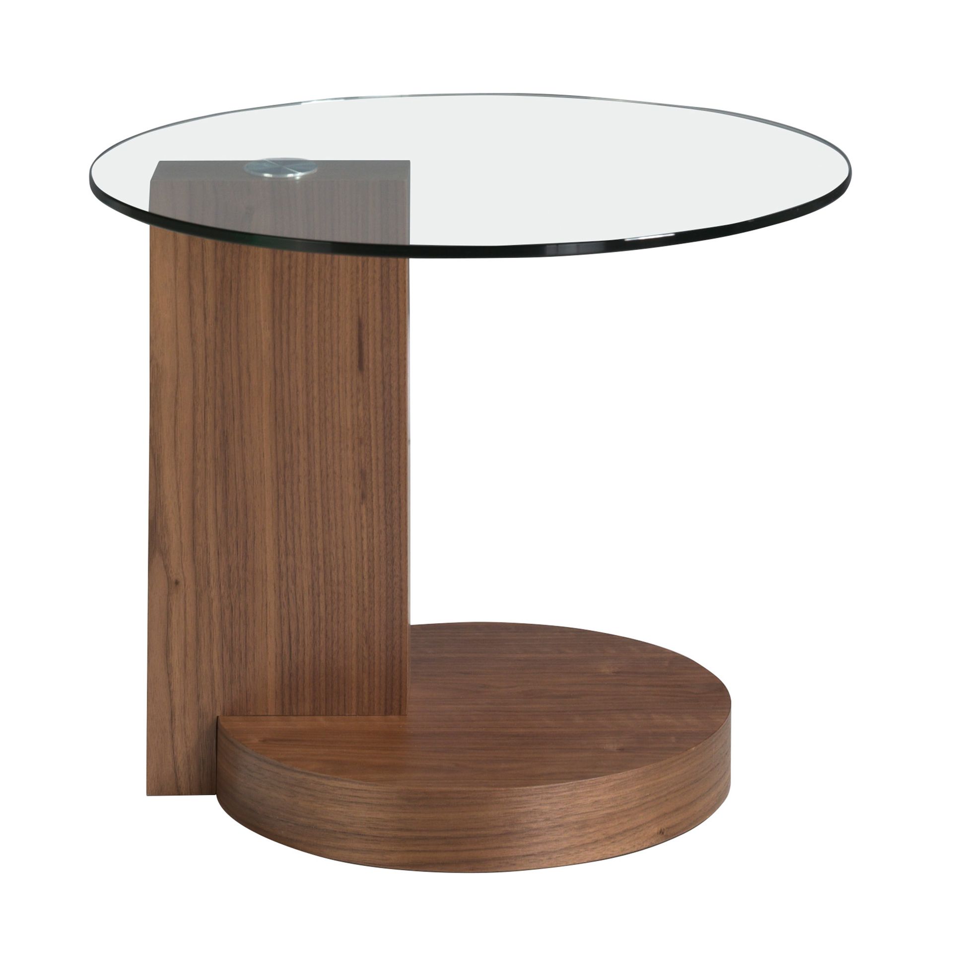 Round tempered glass and walnut corner table