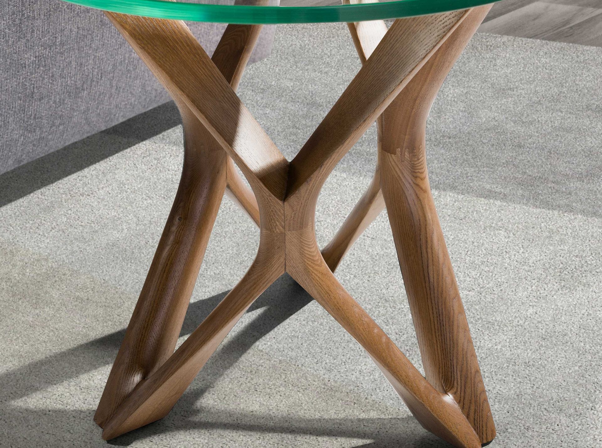 Round tempered glass and walnut corner table