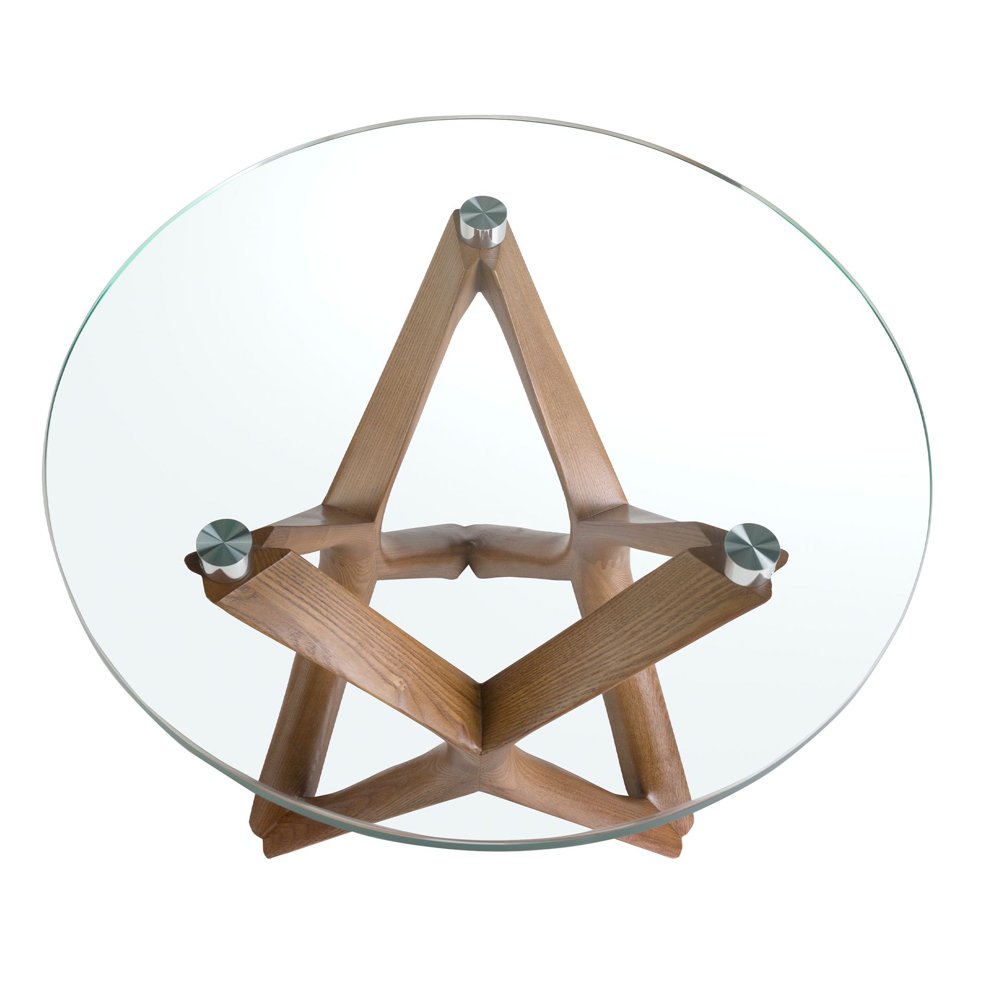 Round tempered glass and walnut corner table
