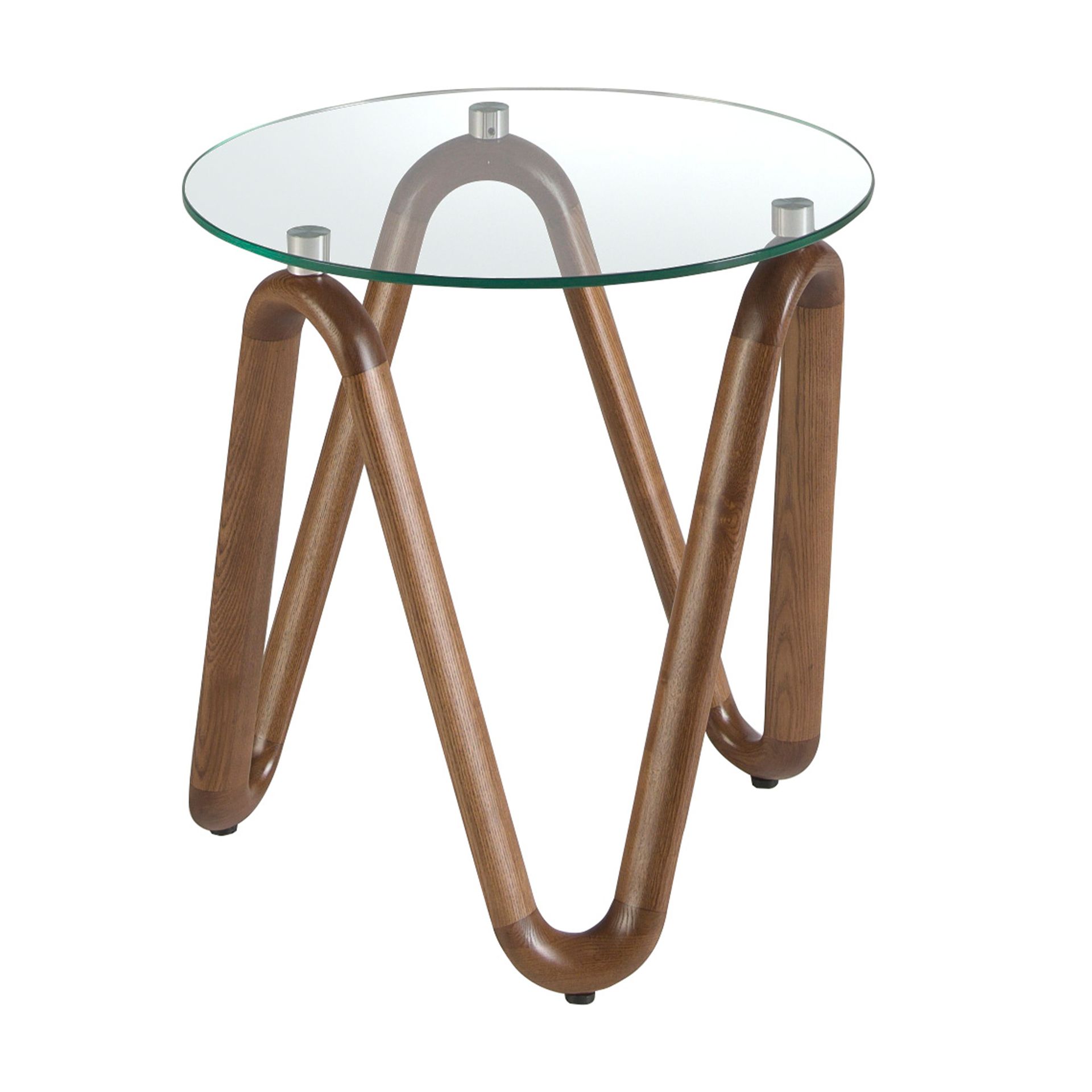 Round tempered glass and walnut corner table
