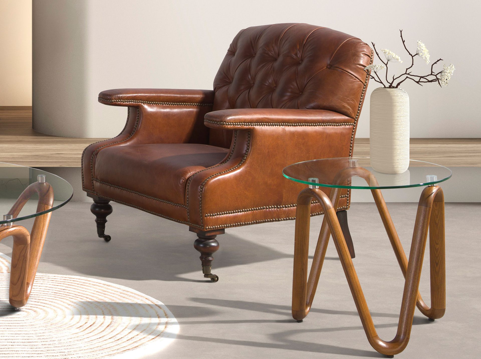 Round tempered glass and walnut corner table