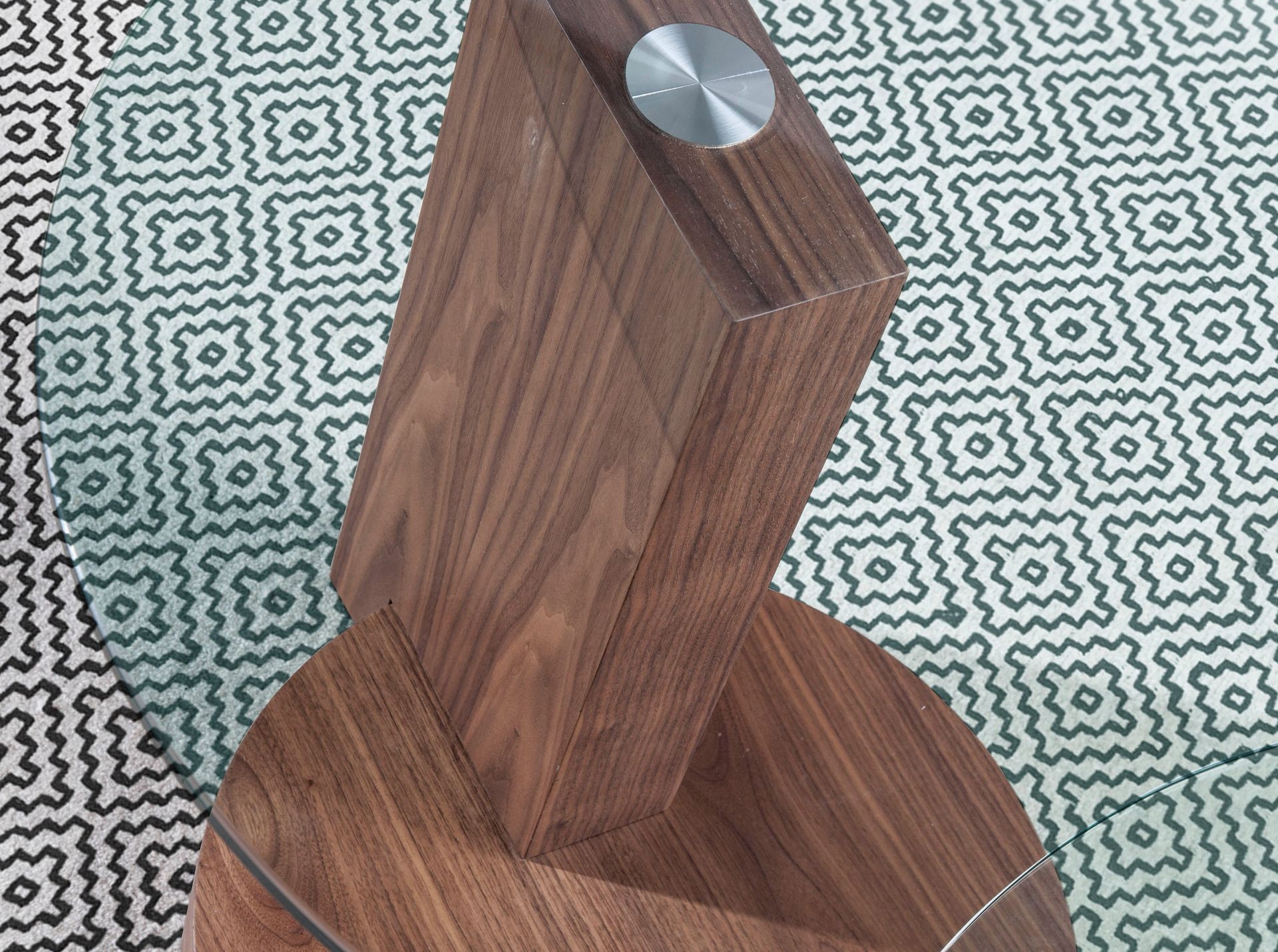 Round tempered glass and walnut corner table