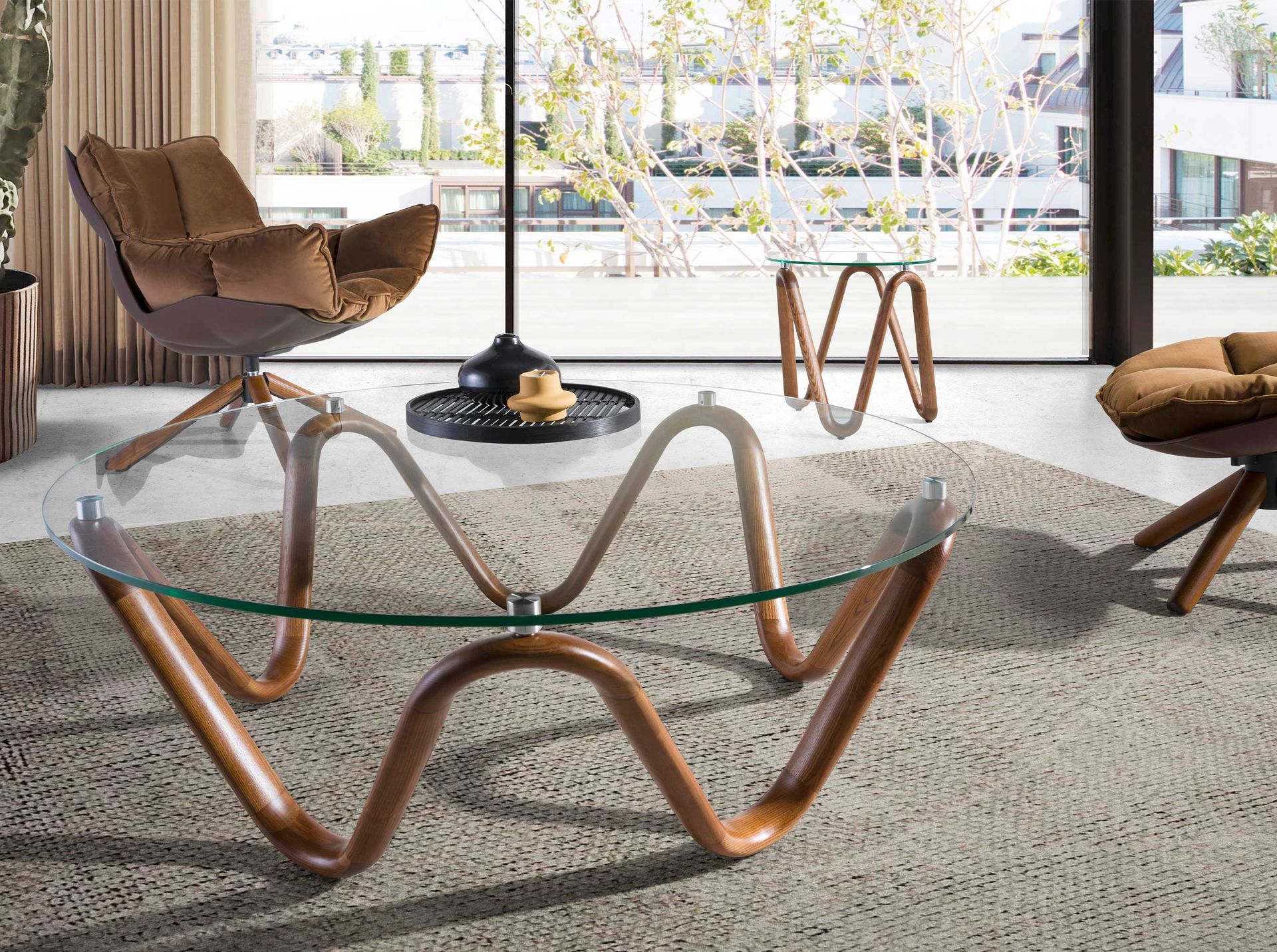 Round tempered glass and walnut corner table